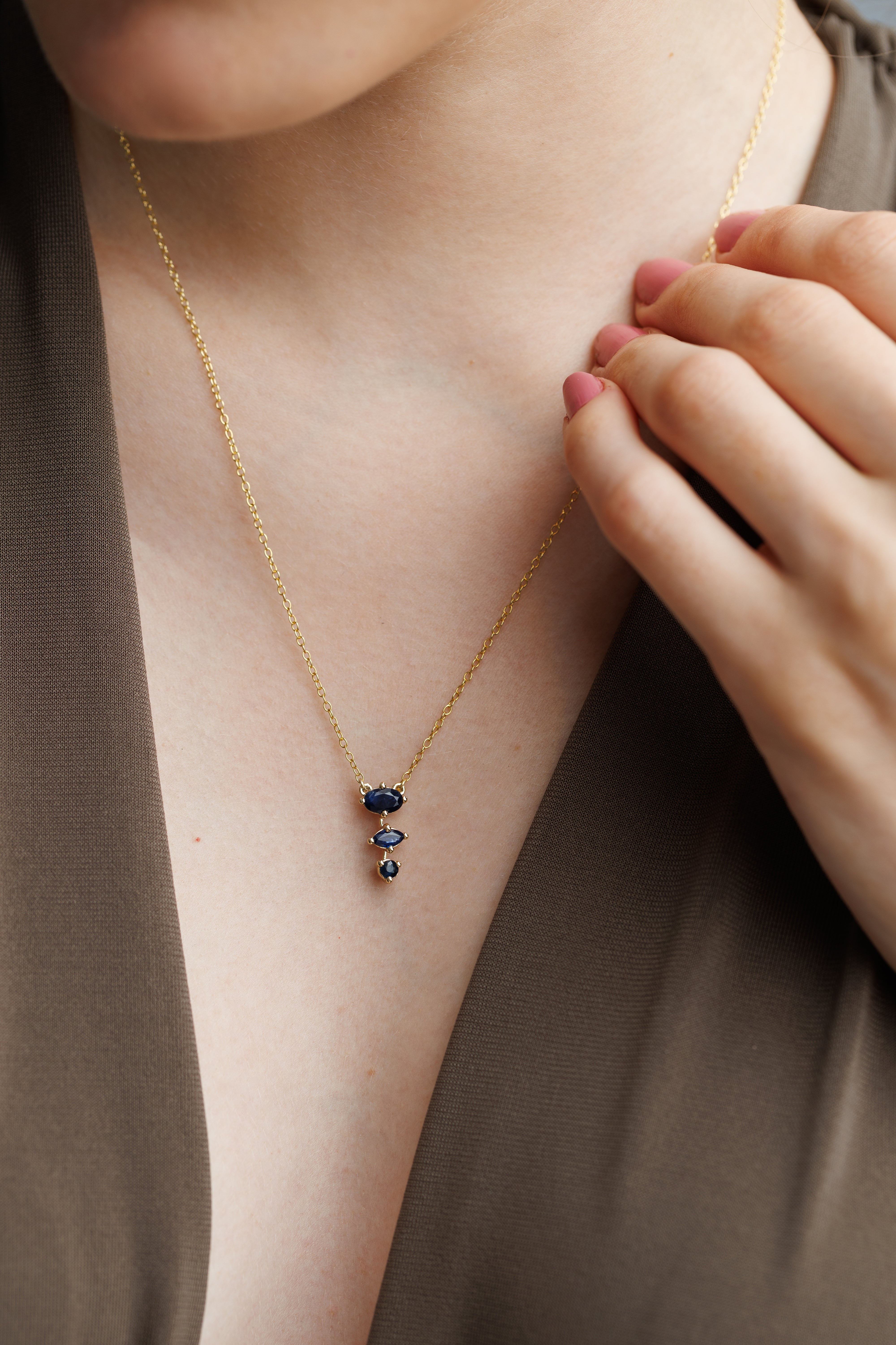 9ct Yellow Gold Oval & Marquise Natural Blue Sapphire Pendant