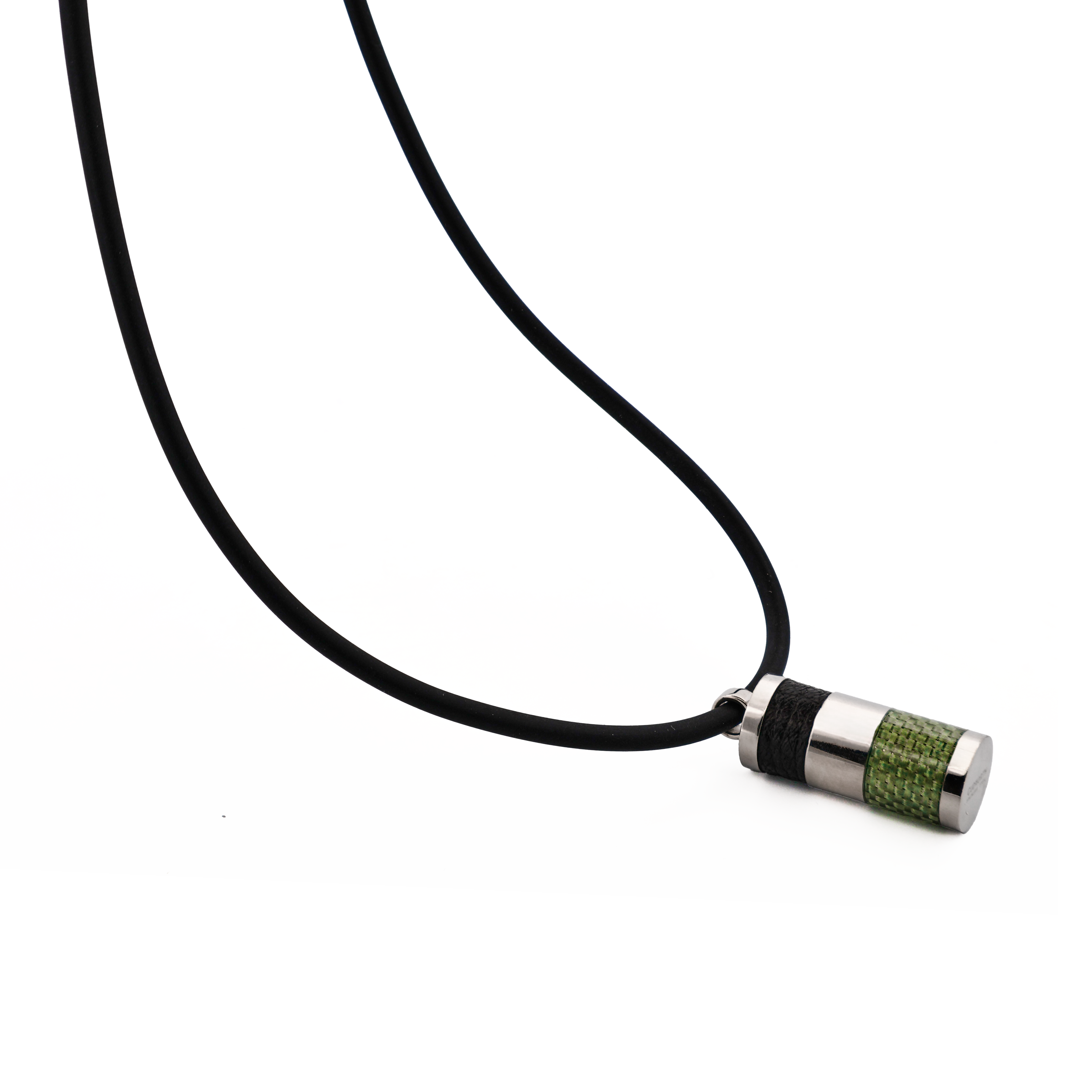 Cudworth Stainless Steel & Green Carbon Cylinder Pendant & Leather on Rubber Chain Pendant