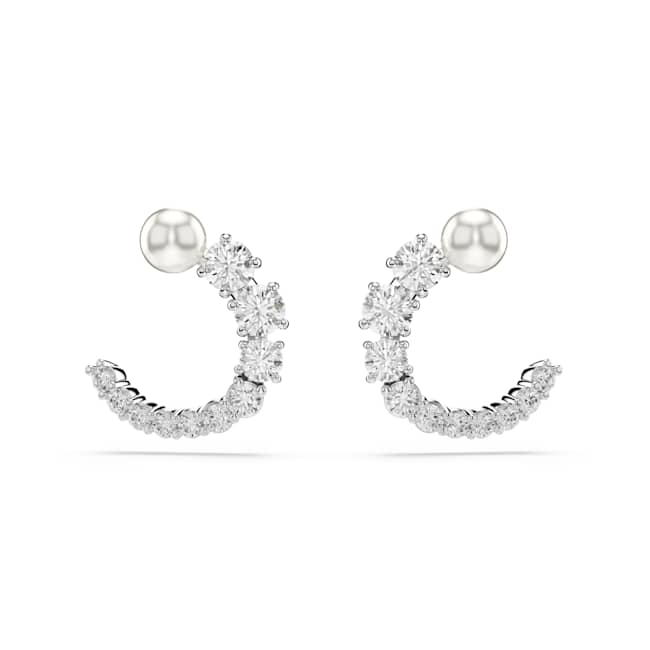 Swarovski Matrix Hoop Earrings – Crystal pearl, Round cut, White, Rhodium plated