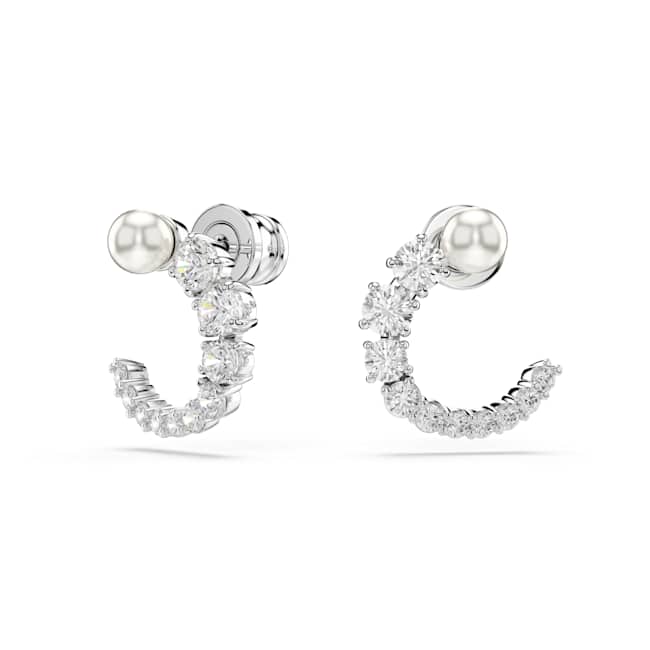 Swarovski Matrix Hoop Earrings – Crystal pearl, Round cut, White, Rhodium plated