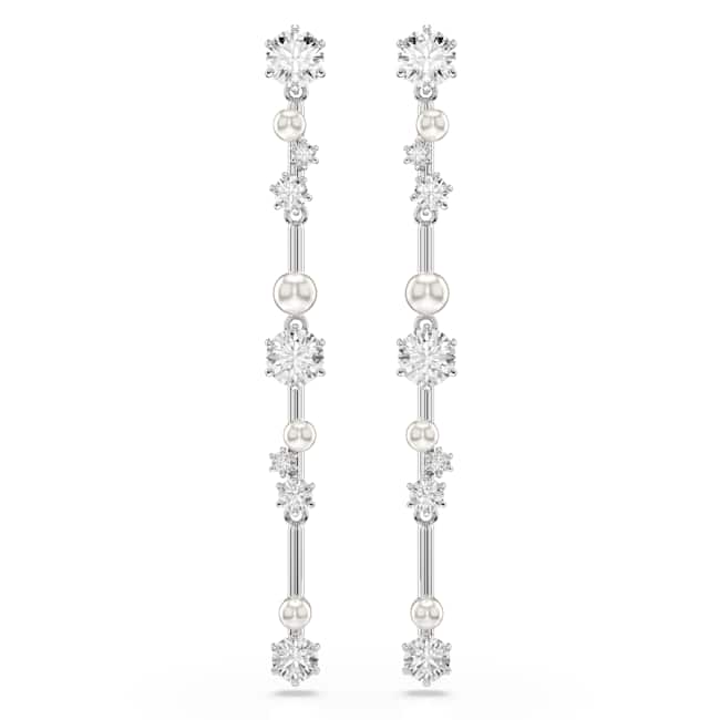 Swarovski Constella drop earrings – Crystal pearl, Round cuts, White, Rhodium plated