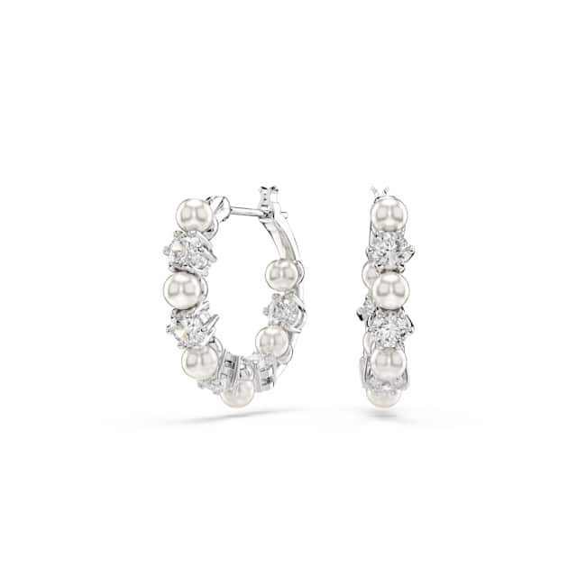 Swarovski Matrix hoop earrings – Crystal pearl, Round cut, White, Rhodium plated
