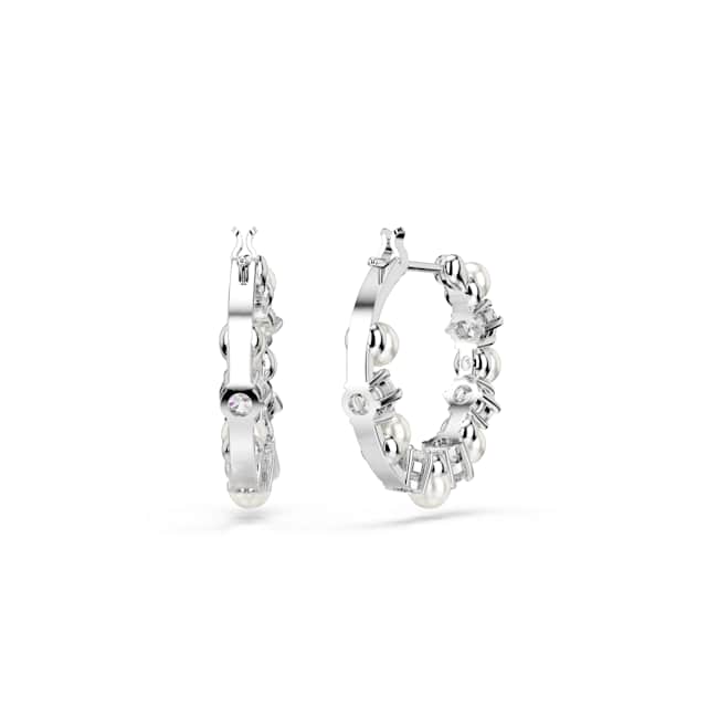 Swarovski Matrix Hoop Earrings – Crystal pearl, Round cut, White, Rhodium plated