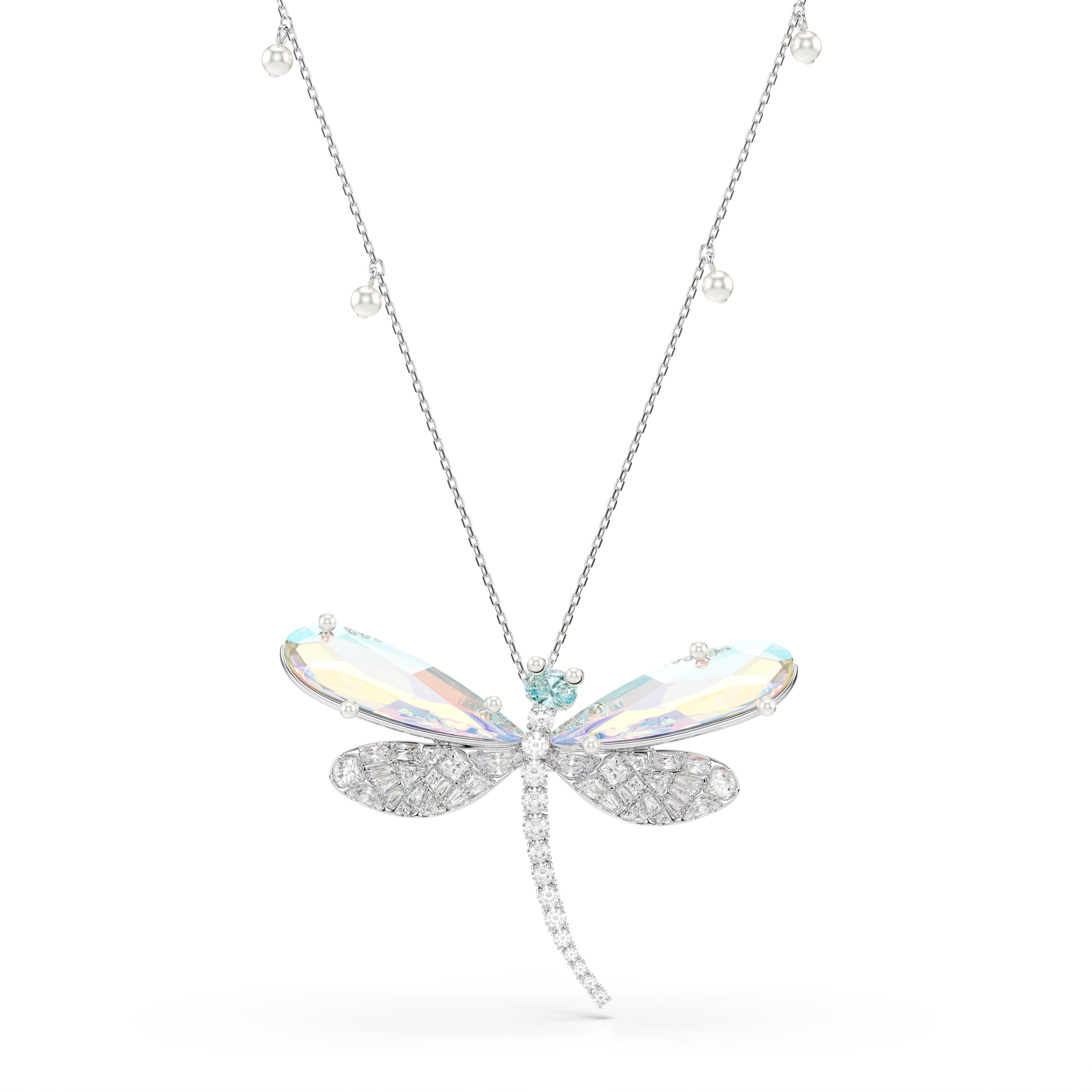 Swarovski Ariana Grande x Swarovski pendant and brooch – Crystal Pearl, Mixed cuts, Dragonfly, White, Rhodium plated