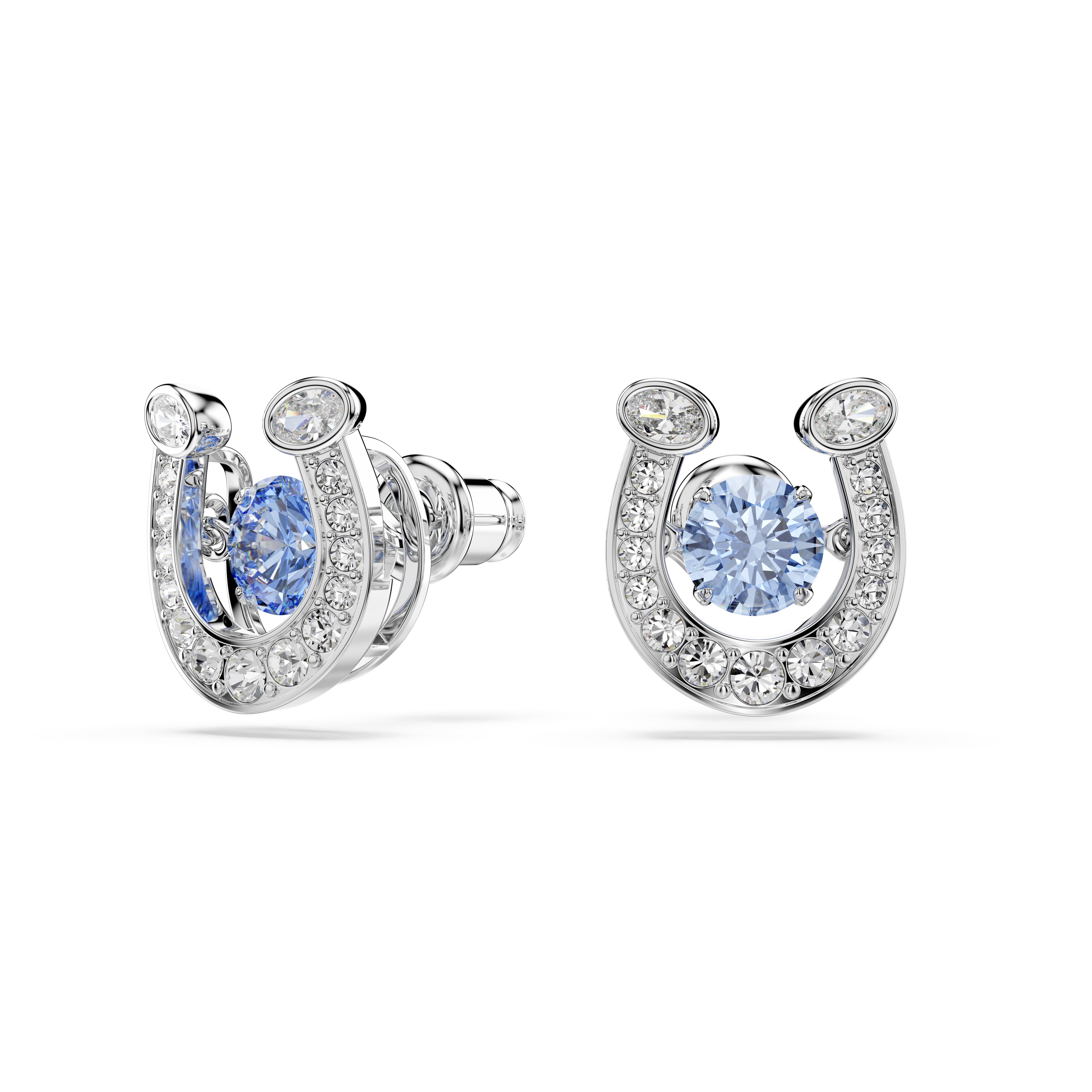 Swarovski Symbolica Stud Earrings – Round cut, Pavé, Horse shoe, Blue, Rhodium plated