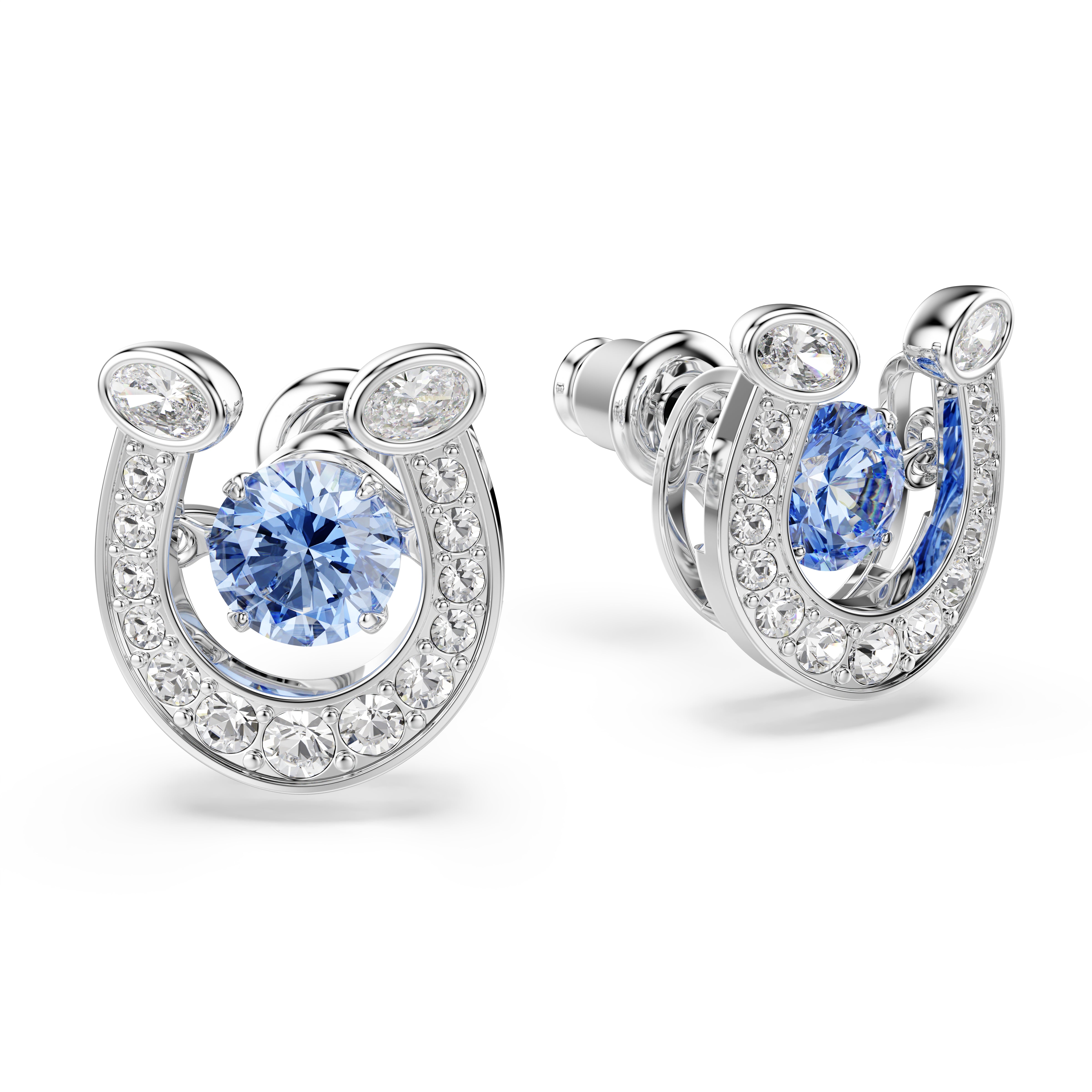 Swarovski Symbolica Stud Earrings – Round cut, Pavé, Horse shoe, Blue, Rhodium plated