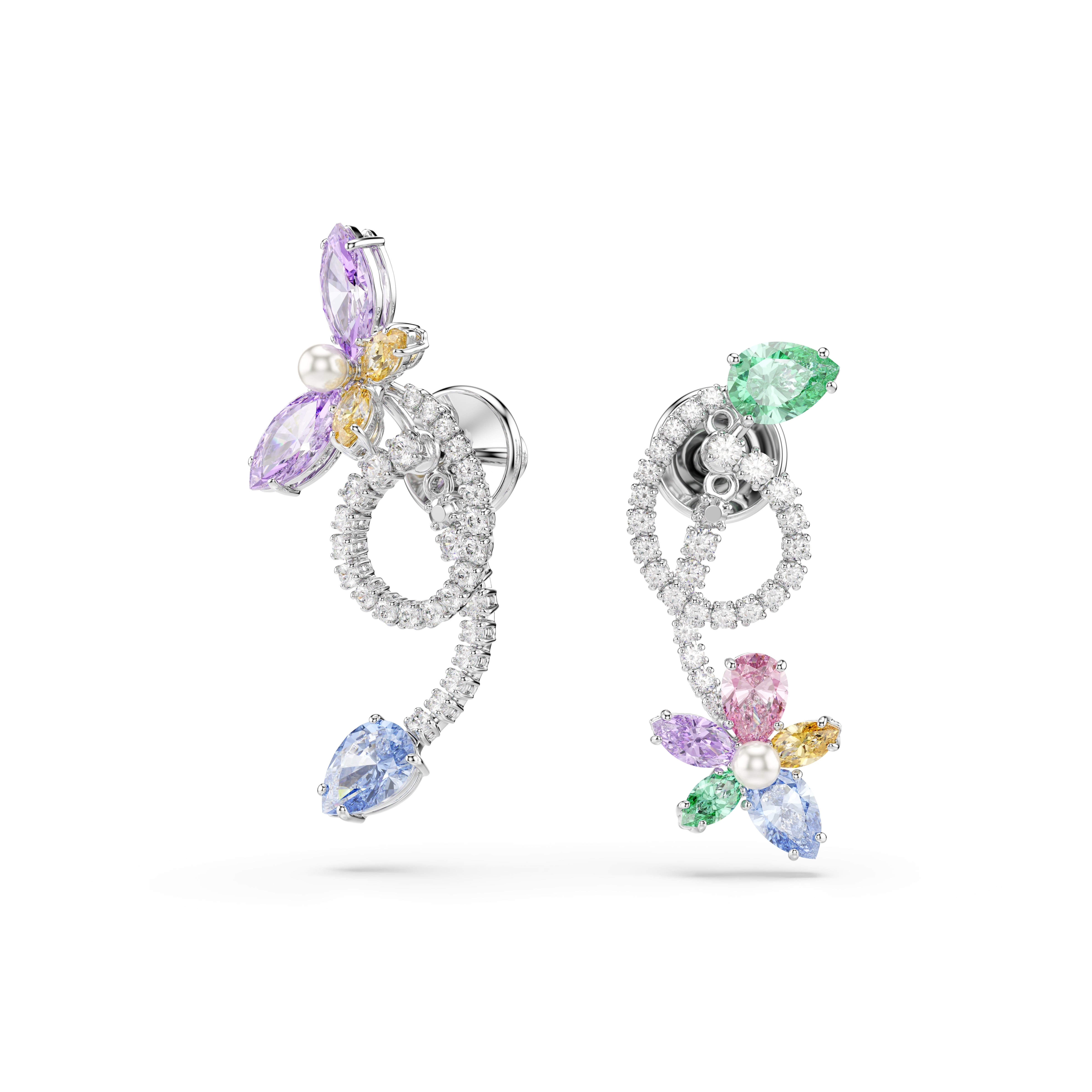 Swarovski Ariana Grande x Swarovski drop earrings with ear jacket – Mixed cuts, Dragonfly, Flower, Multicolored, Rhodium plated
