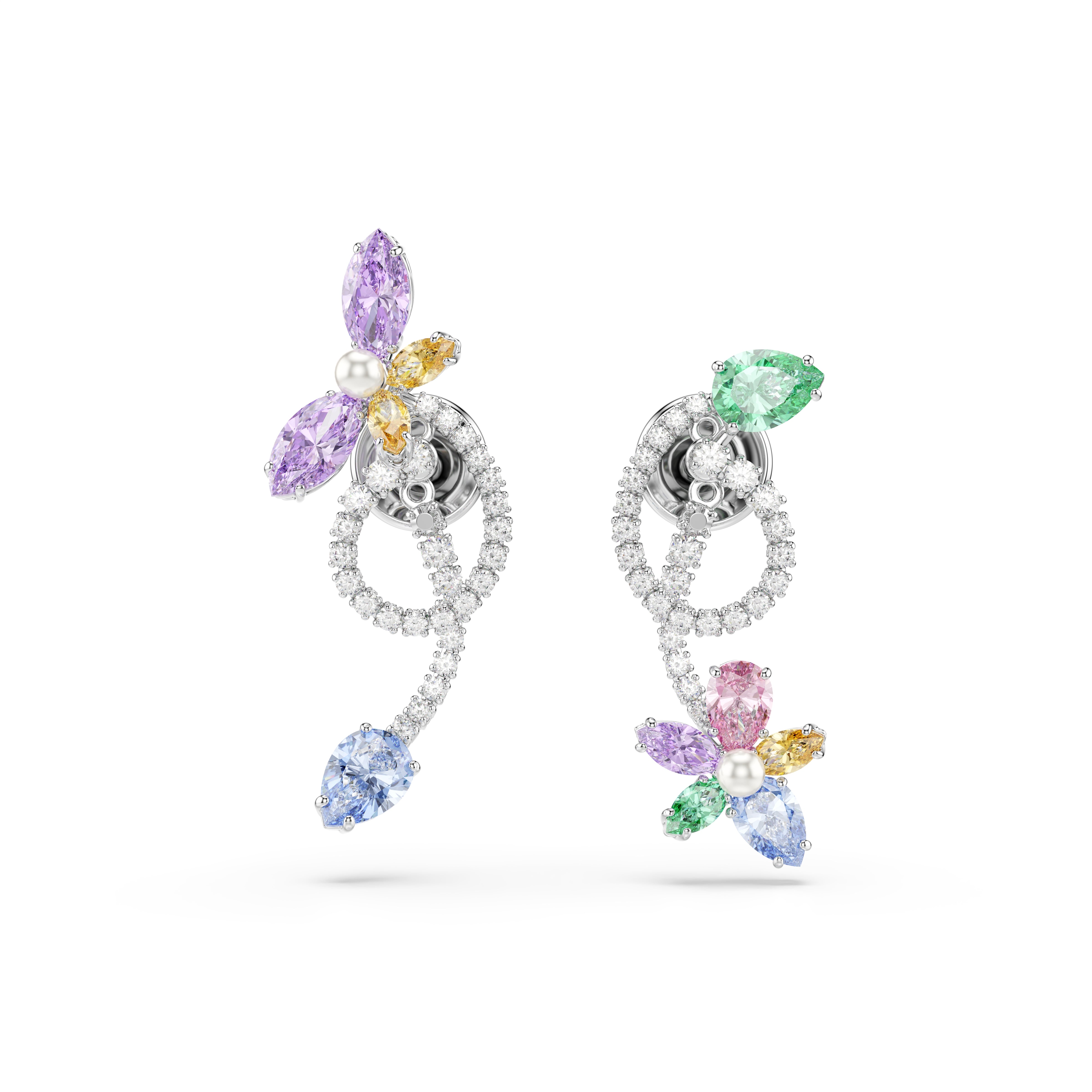 Swarovski Ariana Grande x Swarovski Drop Earrings With Ear Jacket – Mixed cuts, Dragonfly, Flower, Multicolored, Rhodium plated