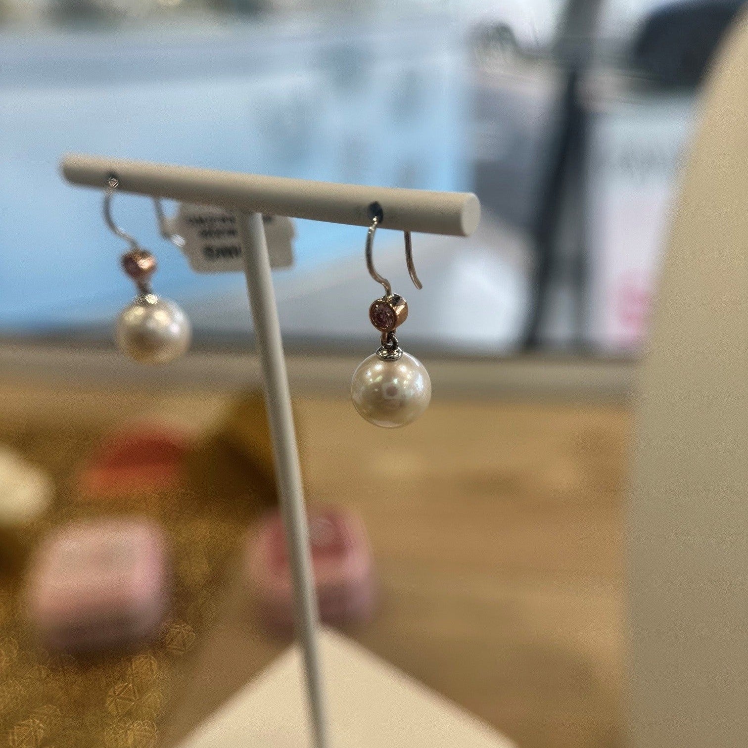 Ikecho 9ct WG/RG Edison Pearl & Pink Lab Diamond Earrings