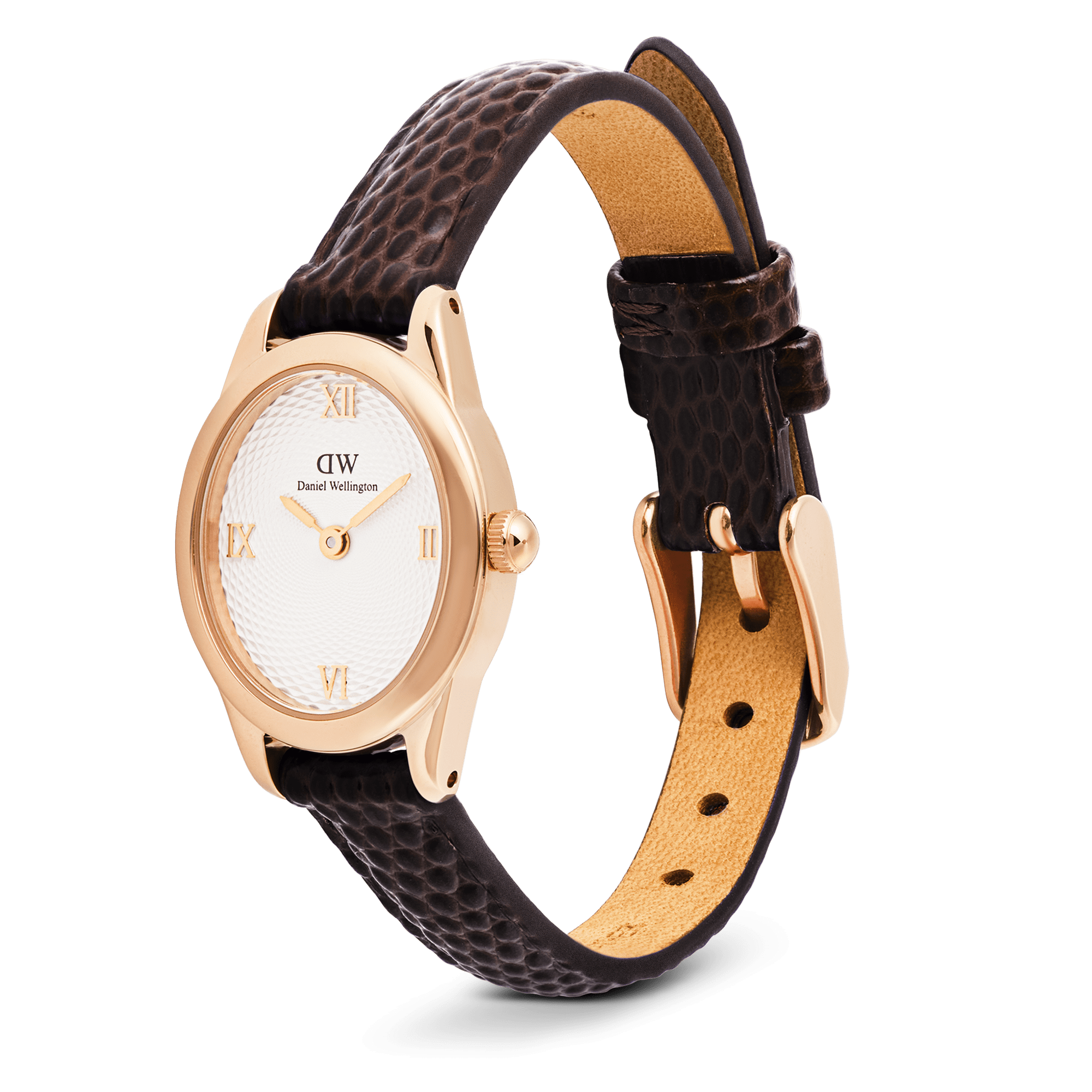Daniel Wellington Ophelia Mini Dark Brown Lizard White Guilloché Rose Gold