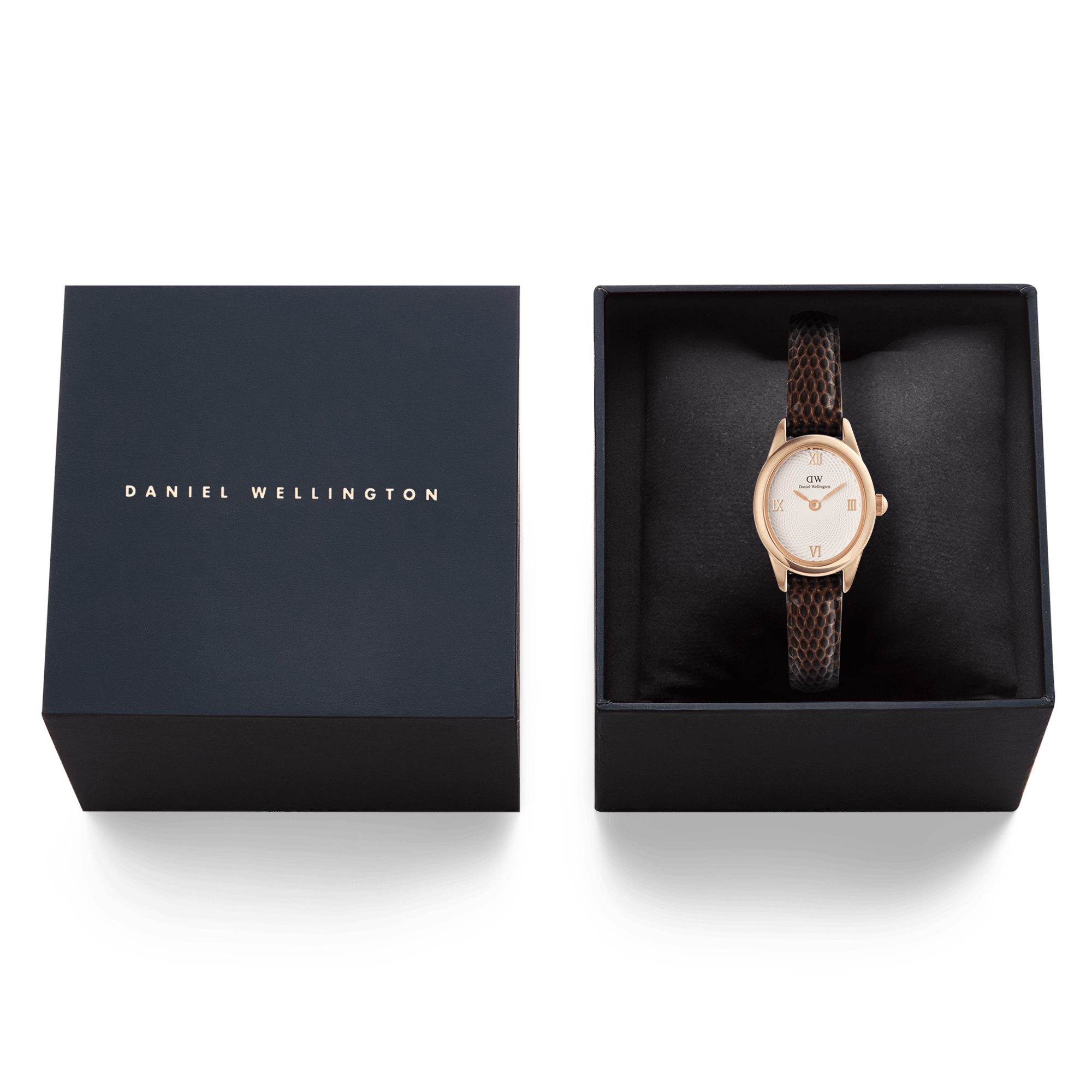 Daniel Wellington Ophelia Mini Dark Brown Lizard White Guilloché Rose Gold