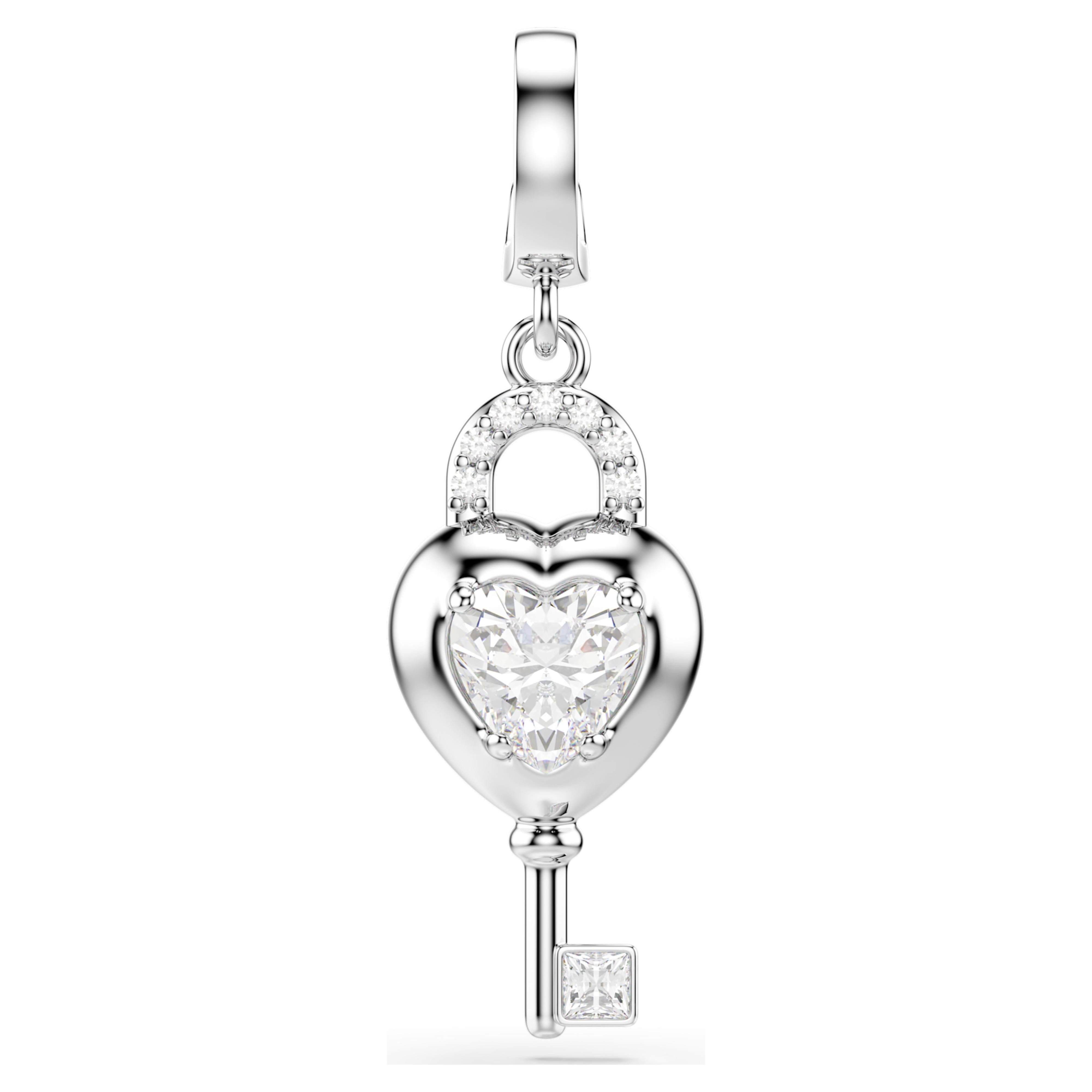 Swarovski Idyllia Charm – Mixed cuts, Heart with key, White, Rhodium plated