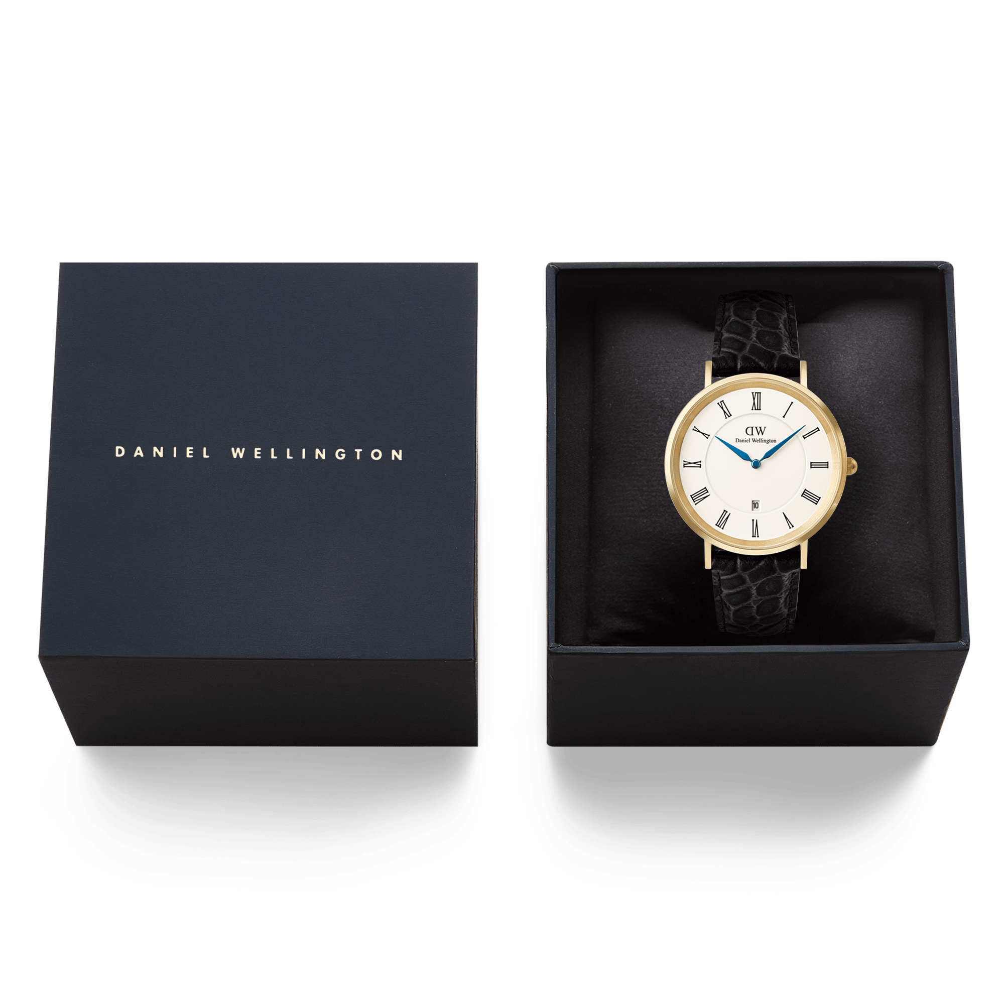 Daniel Wellington Classic Roman Numerals Date Black Croc Belly Gold
