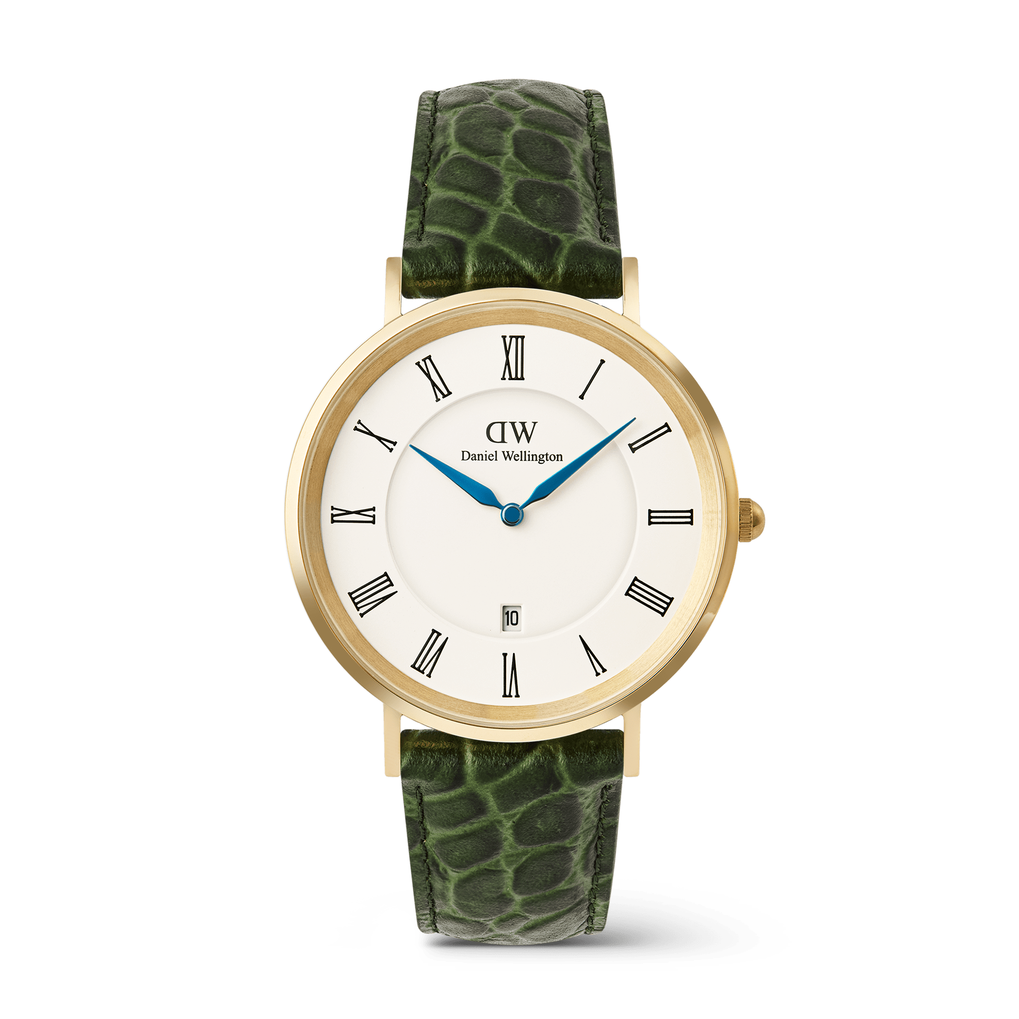 Daniel Wellington Classic Roman Numerals Date Dark Green Croc Belly Gold