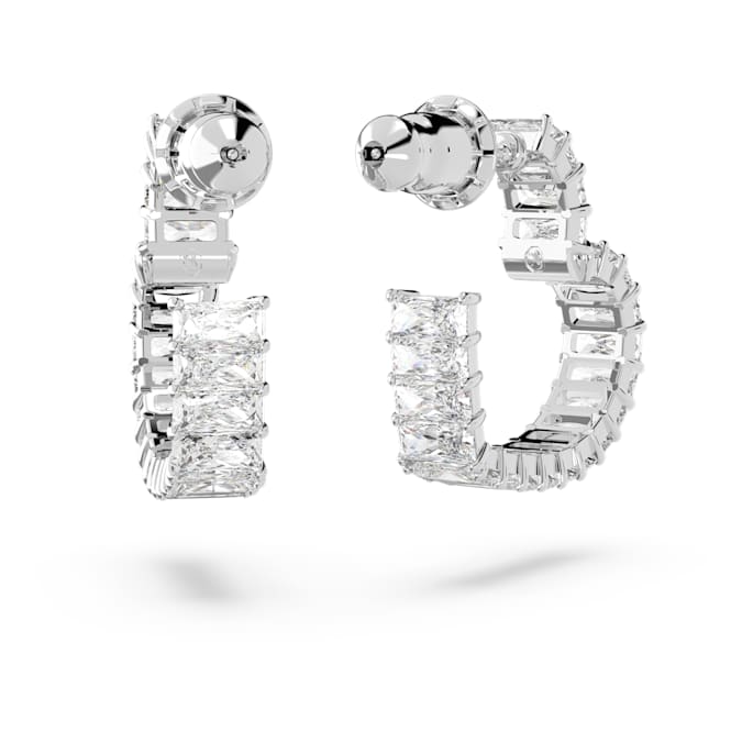 Swarovski Matrix hoop earrings, Baguette cut, Heart, Small, White, Rhodium plated