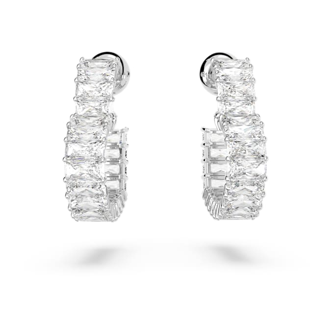 Swarovski Matrix hoop earrings, Baguette cut, Heart, Small, White, Rhodium plated