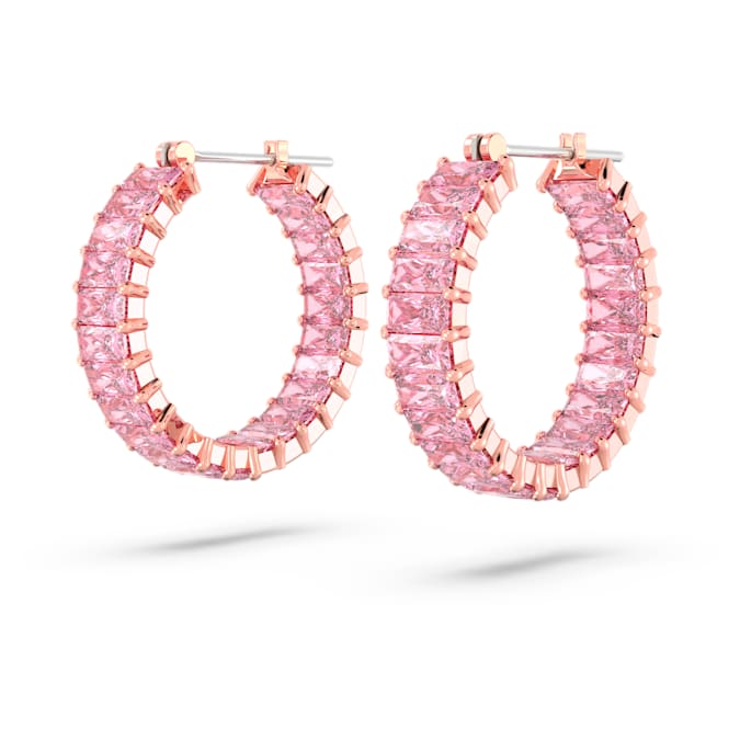 Swarovski Matrix hoop earrings, Baguette cut, Pink, 18K rose gold finish