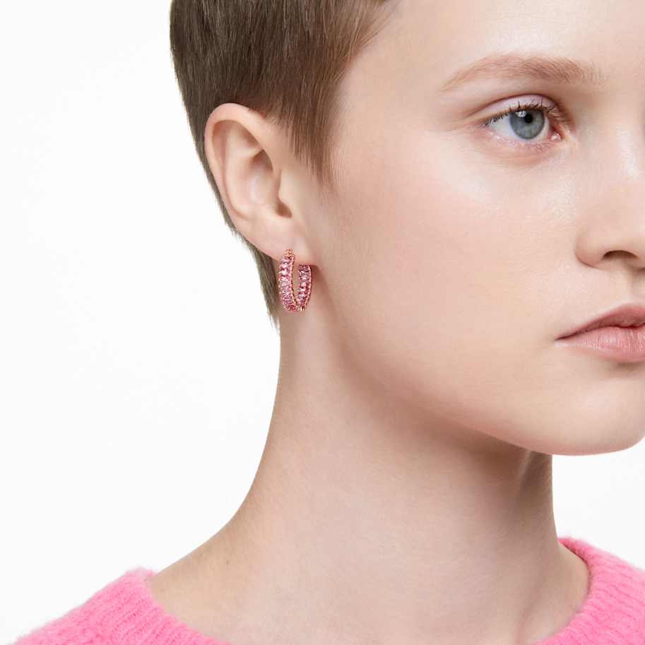 Swarovski Matrix hoop earrings, Baguette cut, Pink, 18K rose gold finish