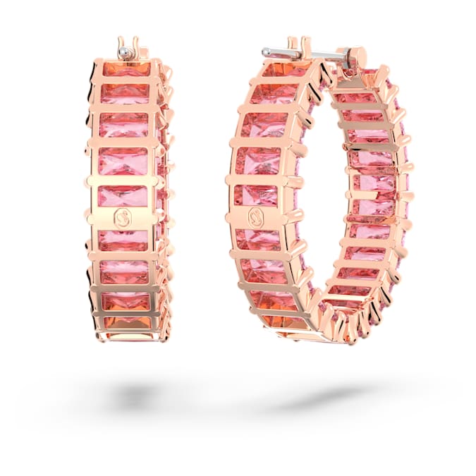 Swarovski Matrix hoop earrings, Baguette cut, Pink, 18K rose gold finish