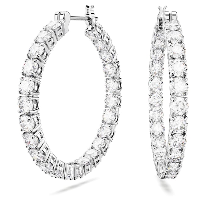 Swarovski Matrix hoop earrings, Round cut, White, Rhodium plated