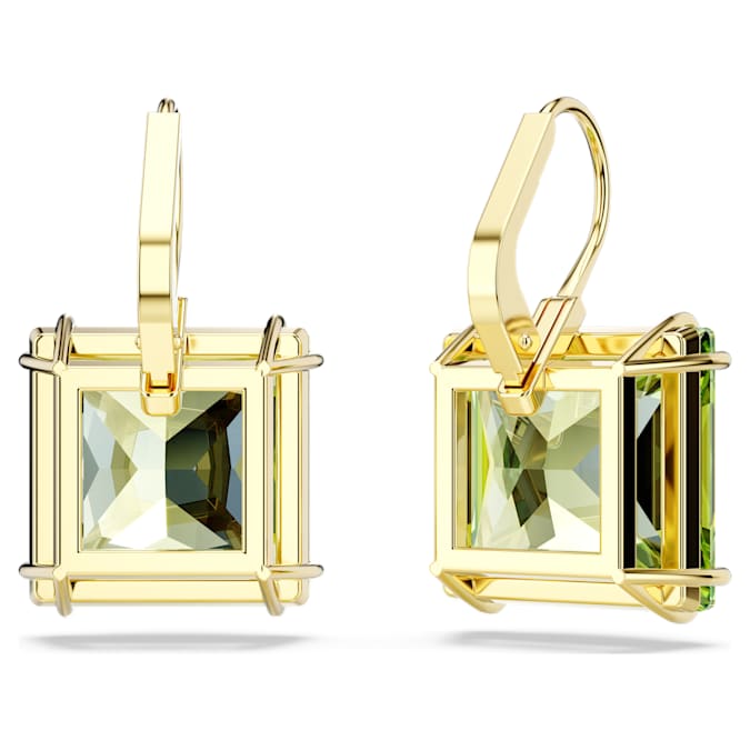 Swarovski Millenia drop earrings, Square cut, Green, 18K gold finish