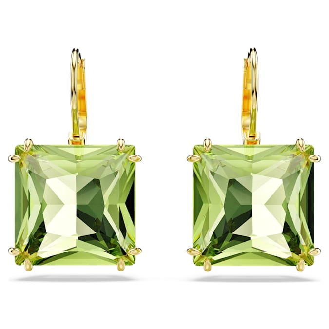Swarovski Millenia drop earrings, Square cut, Green, 18K gold finish