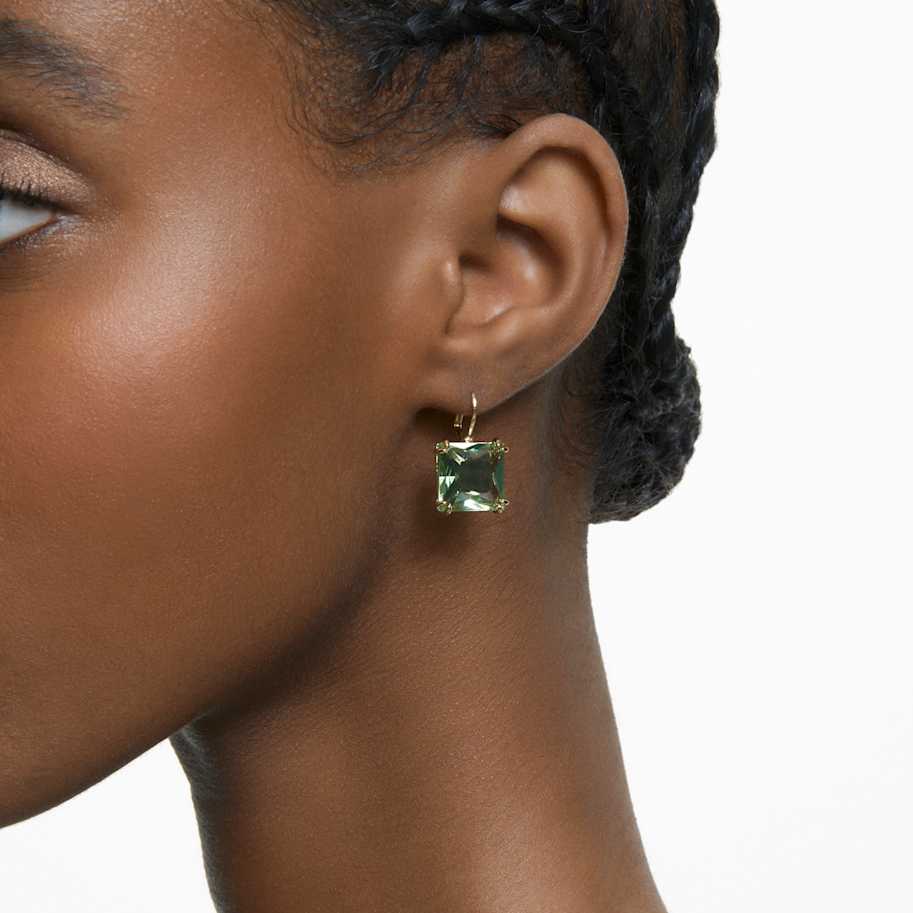 Swarovski Millenia drop earrings, Square cut, Green, 18K gold finish