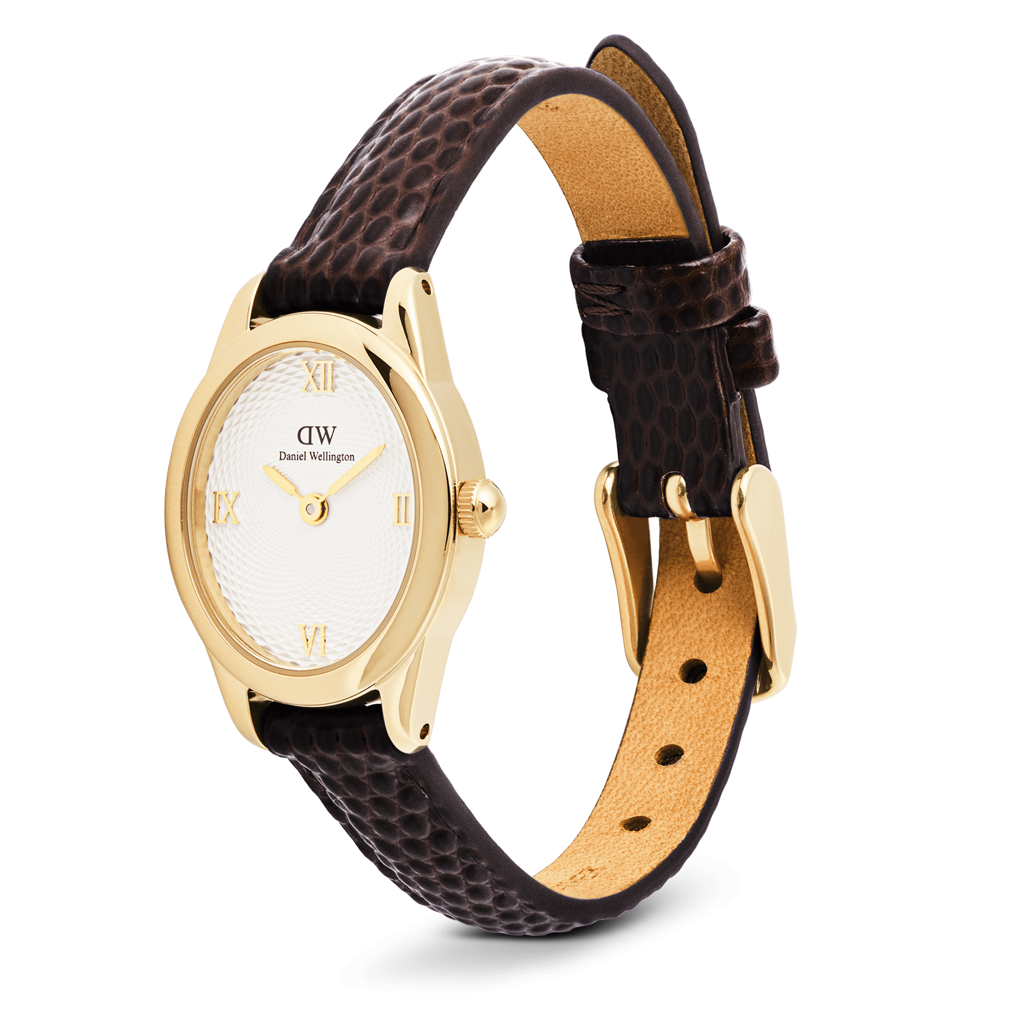 Daniel Wellington Ophelia Mini Dark Brown Lizard White Guilloché Gold