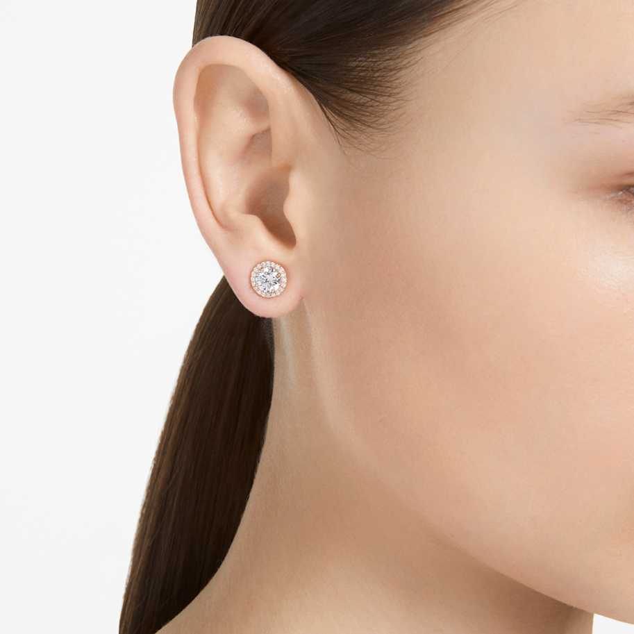 Swarovski Una Angelic stud earrings, Round cut, Pavé, White, 18K rose gold finish