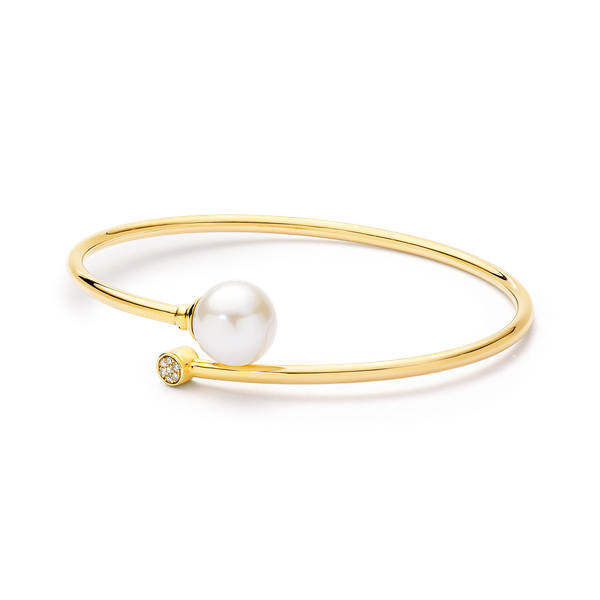 IKECHO 9ct Yellow Gold Edison Pearl and Diamond Bangle