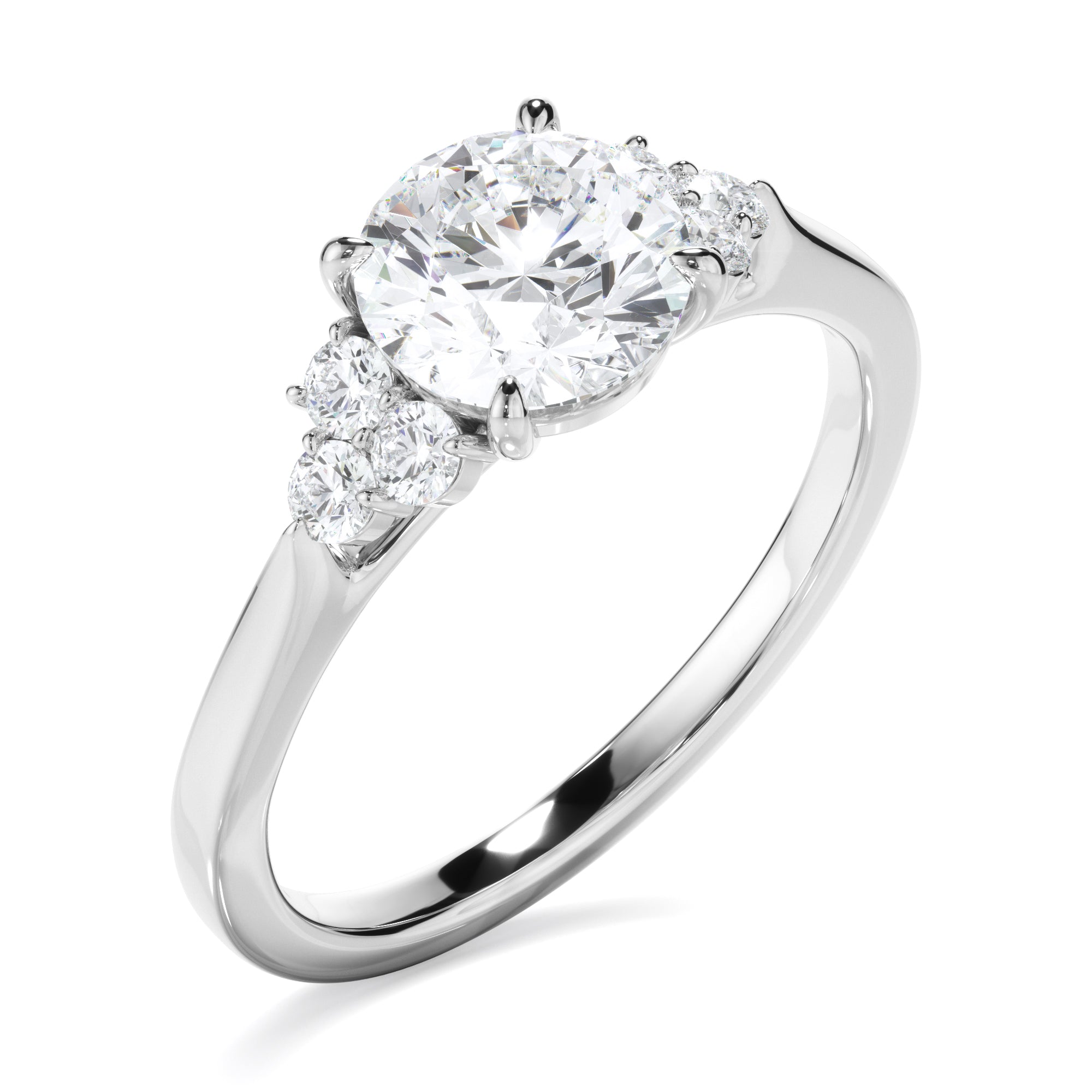 Round Brilliant Cut Diamond Engagement Ring With Diamond Cluster Sides