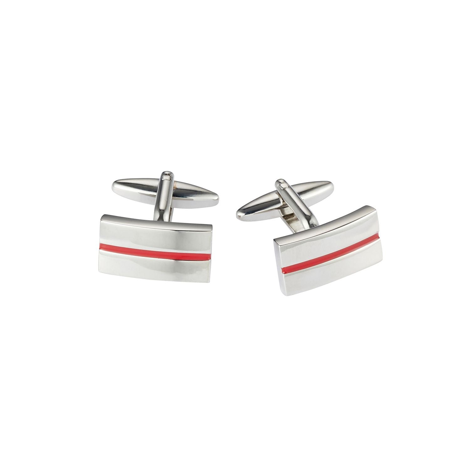 Cudworth Brushed Rhodium Plated Rectangle Cufflinks with Red Centre Striped Enamel Inlay
