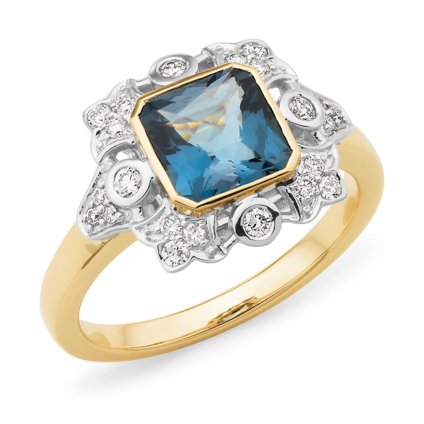 1.53ct London Blue Topaz & 0.24ct Diamond Dress Ring in 9ct Yellow & White Gold