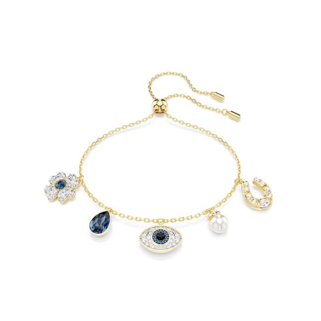 Swarovski Symbolica Bracelet – Crystal pearl, Clover, evil eye and horseshoe, Blue, Gold-tone plated