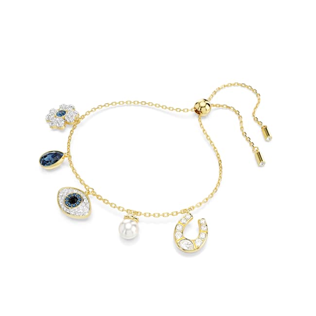 Swarovski Symbolica Bracelet – Crystal pearl, Clover, evil eye and horseshoe, Blue, Gold-tone plated
