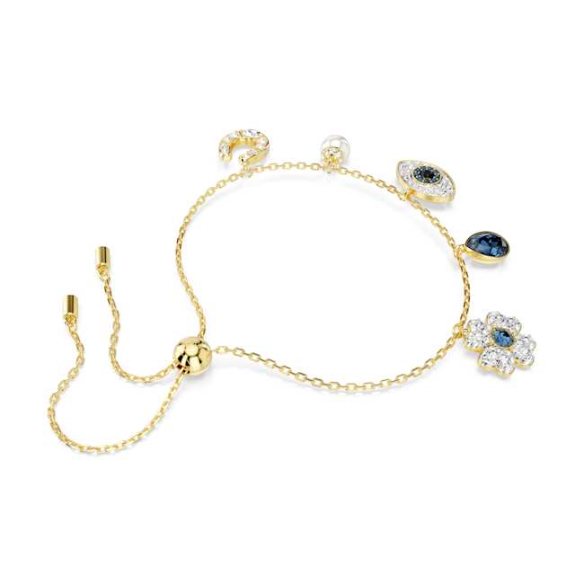 Swarovski Symbolica Bracelet – Crystal pearl, Clover, evil eye and horseshoe, Blue, Gold-tone plated