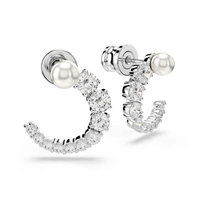 Swarovski Matrix Hoop Earrings – Crystal pearl, Round cut, White, Rhodium plated