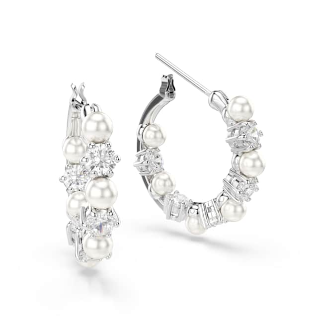 Swarovski Matrix Hoop Earrings – Crystal pearl, Round cut, White, Rhodium plated