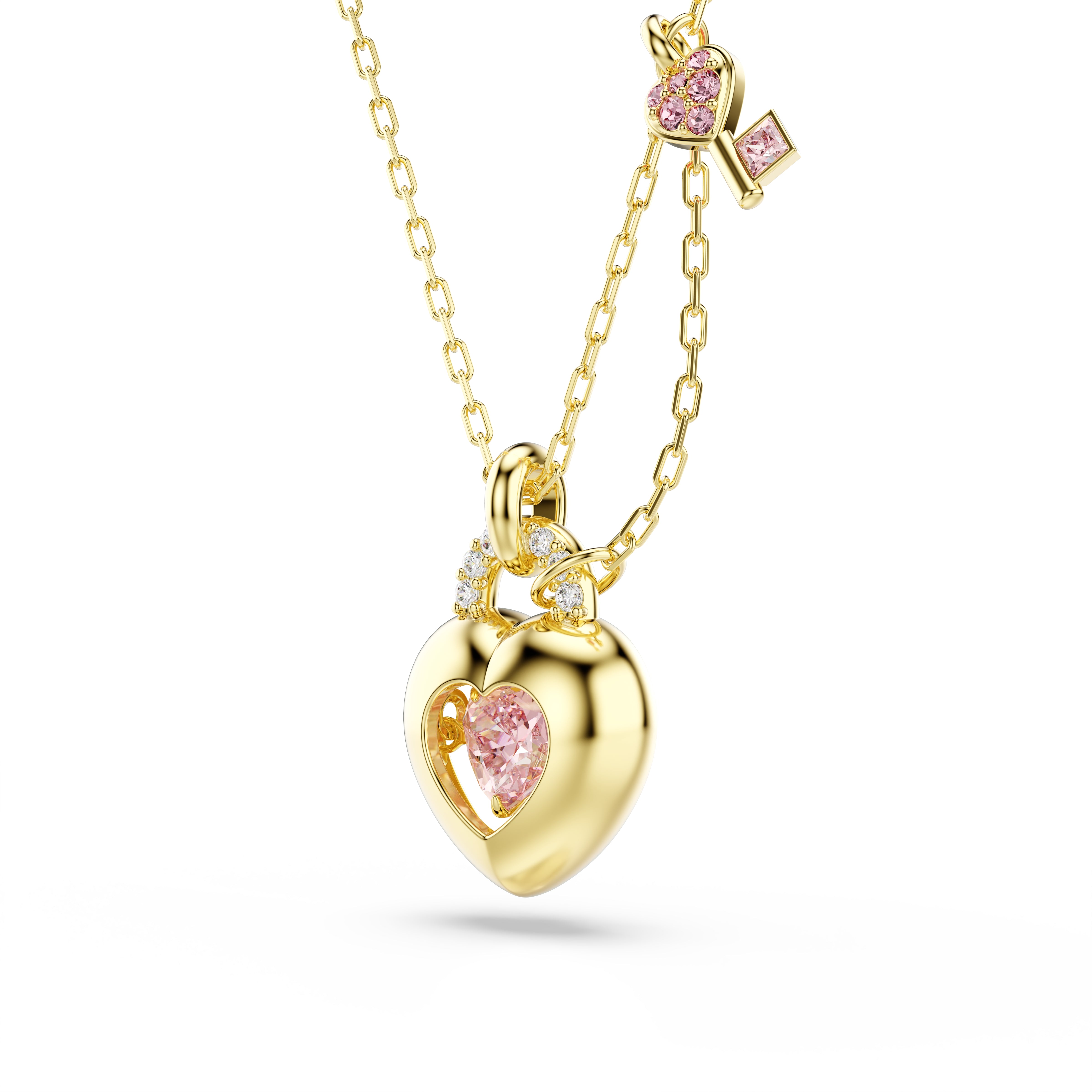 Swarovski Idyllia Pendant – Mixed cuts, Heart, Key, Pink, Gold-tone plated