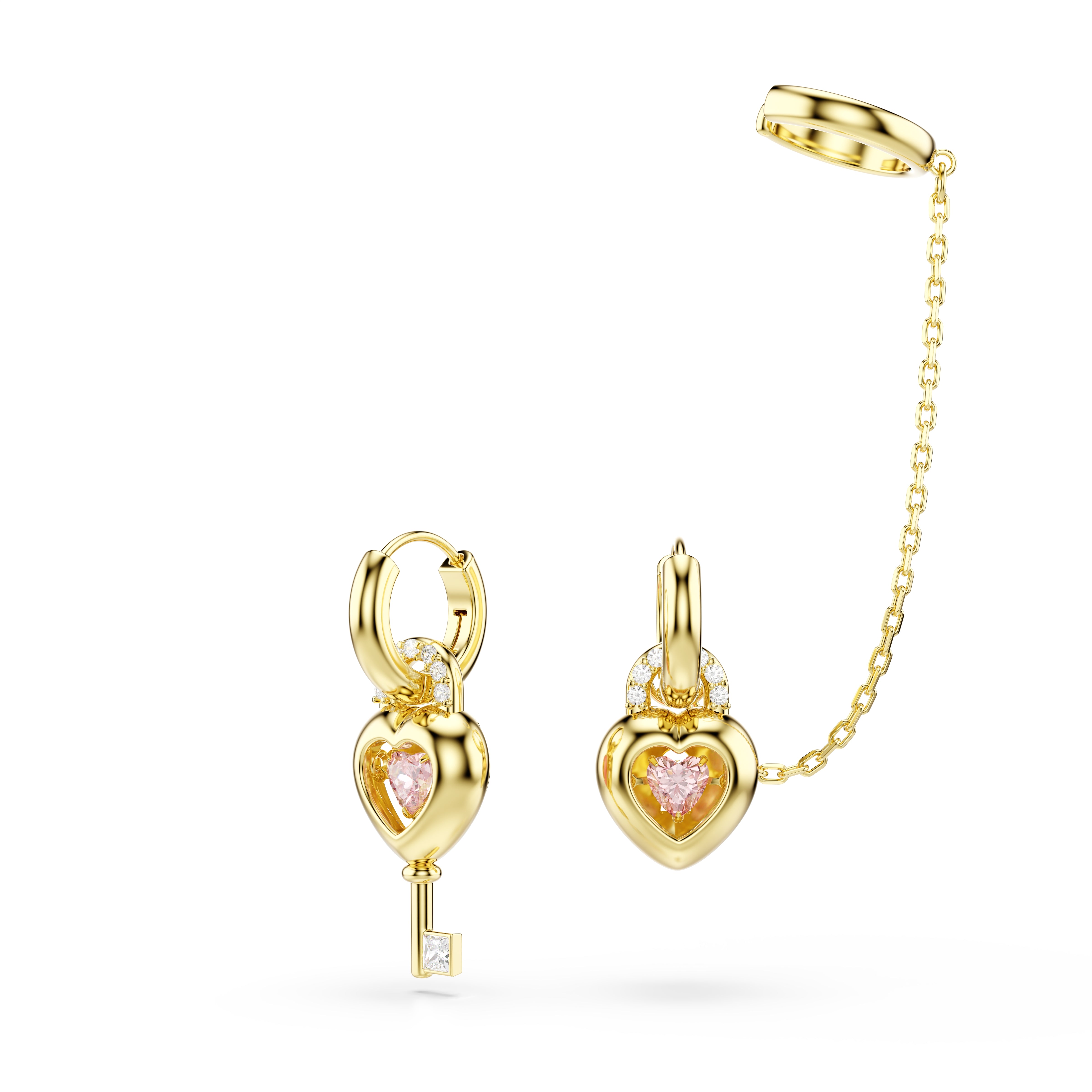 Swarovski Idyllia drop earrings with ear cuff – Mixed cuts, Heart with key, Pink, Gold-tone plated