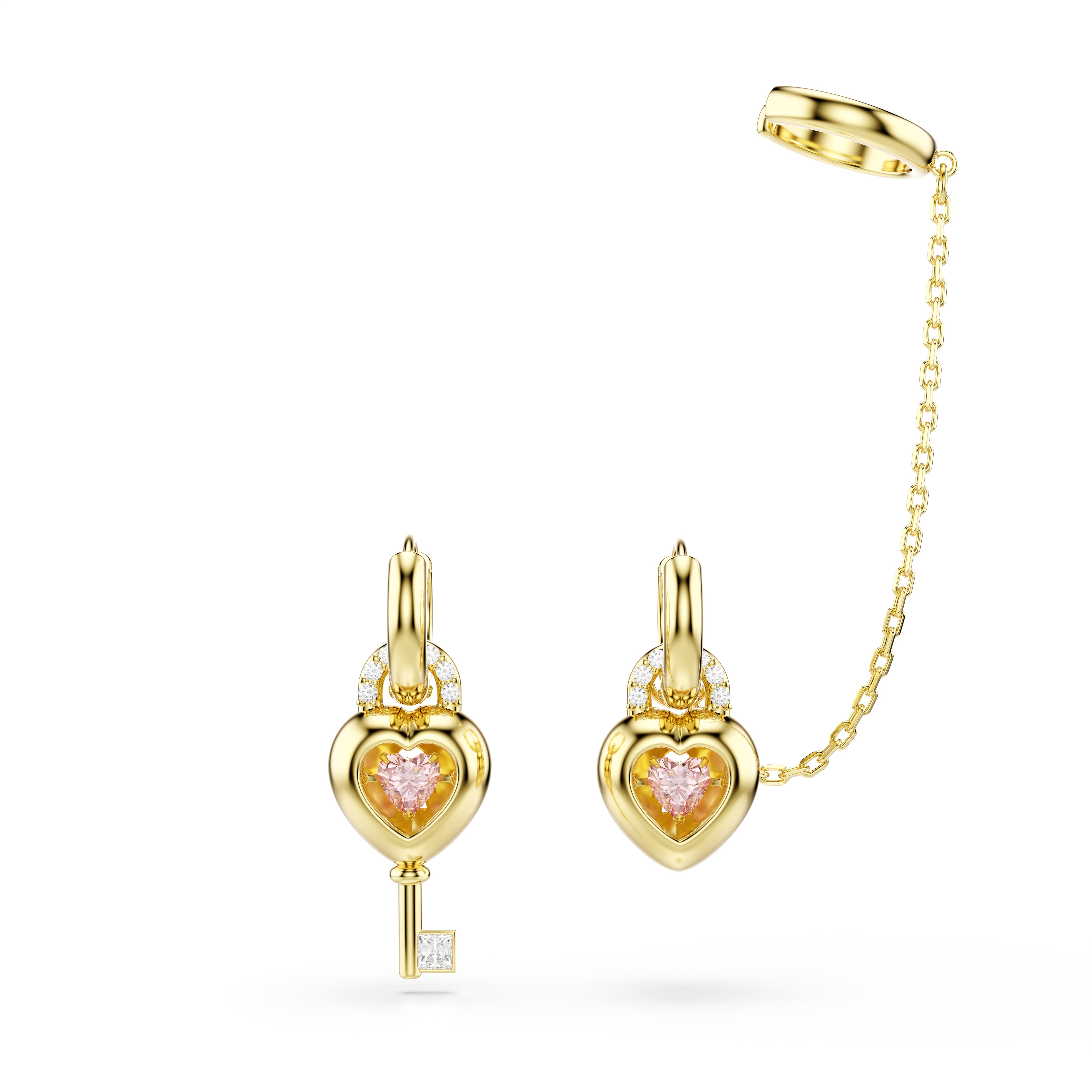Swarovski Idyllia Drop Earrings With Ear Cuff – Mixed cuts, Heart with key, Pink, Gold-tone plated