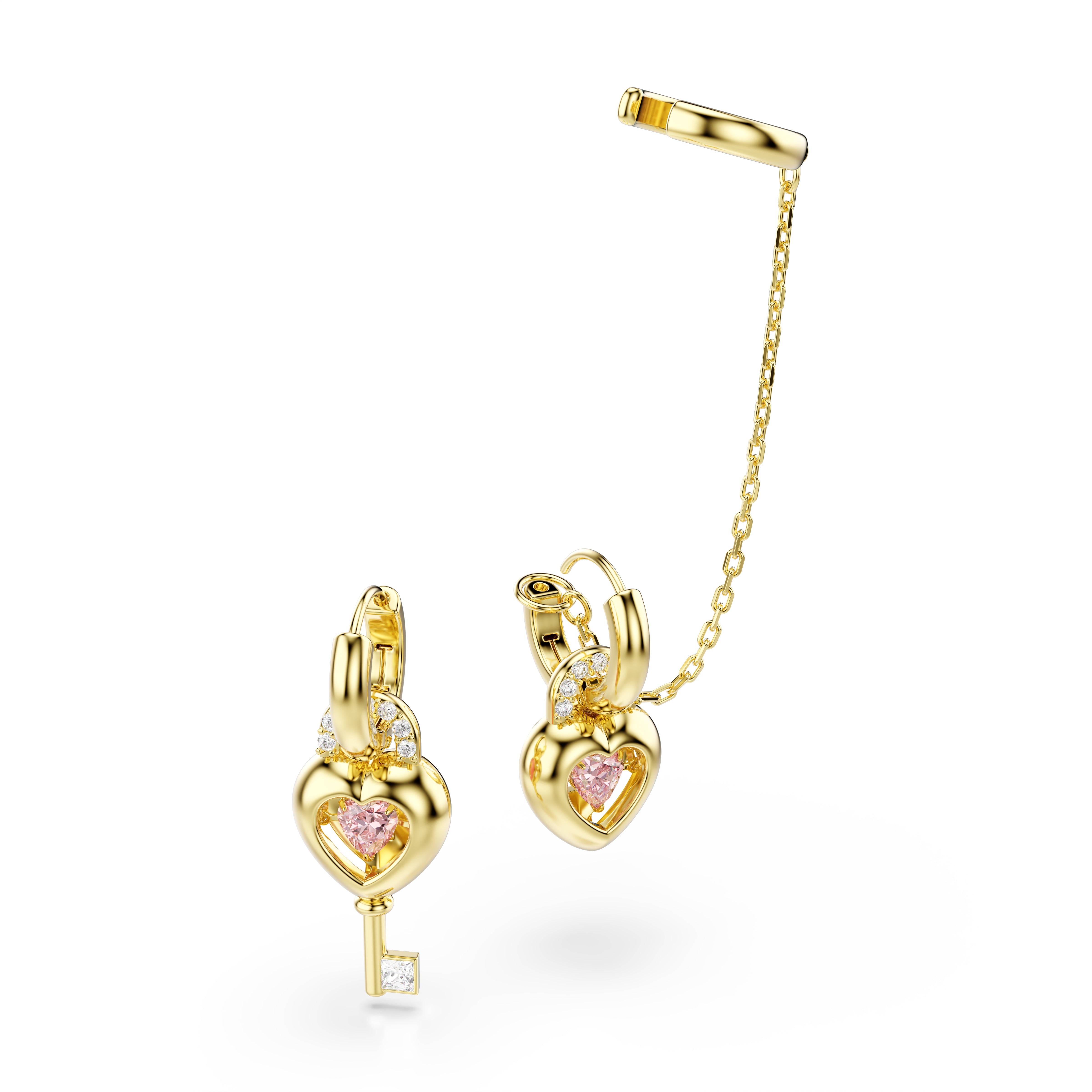 Swarovski Idyllia Drop Earrings With Ear Cuff – Mixed cuts, Heart with key, Pink, Gold-tone plated