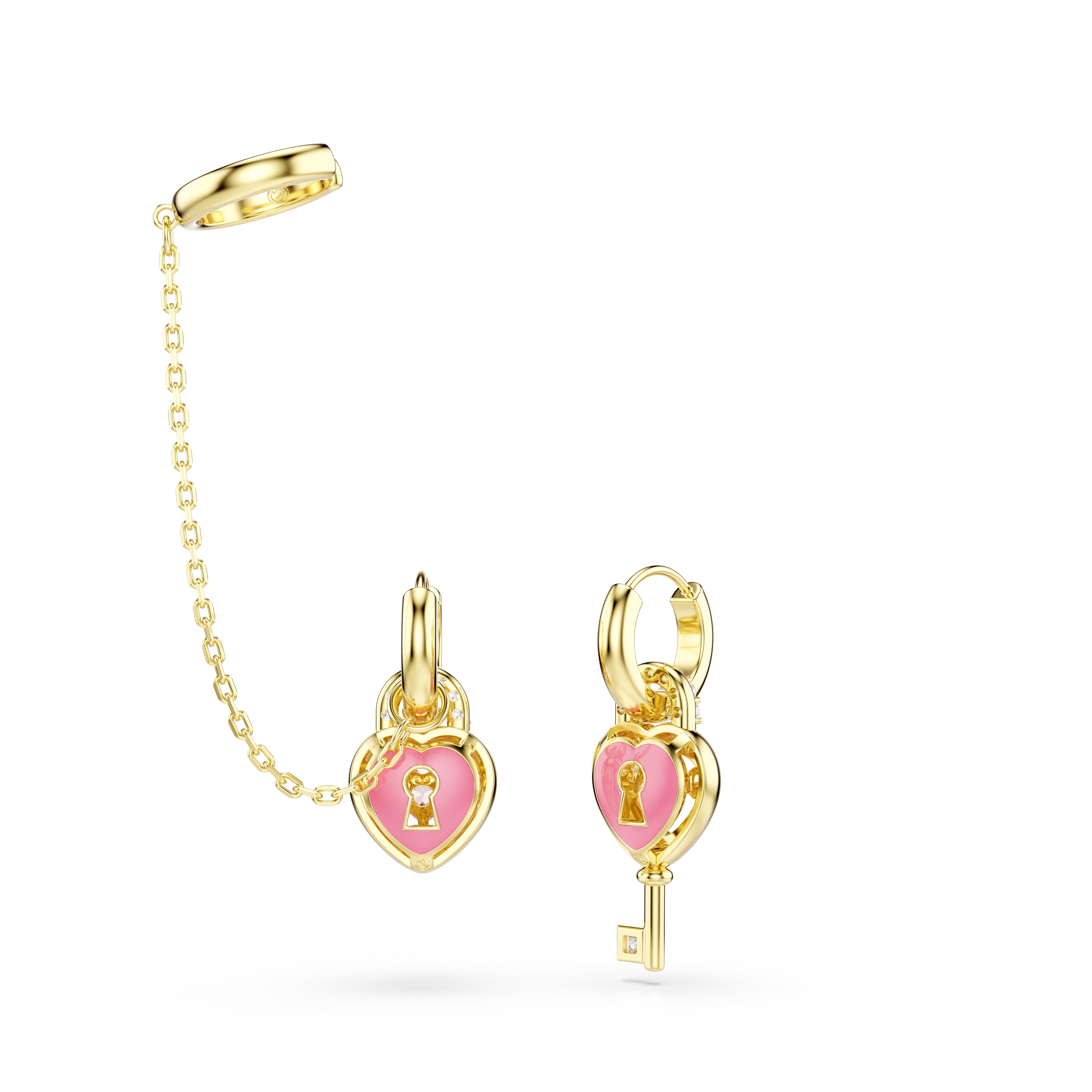Swarovski Idyllia Drop Earrings With Ear Cuff – Mixed cuts, Heart with key, Pink, Gold-tone plated