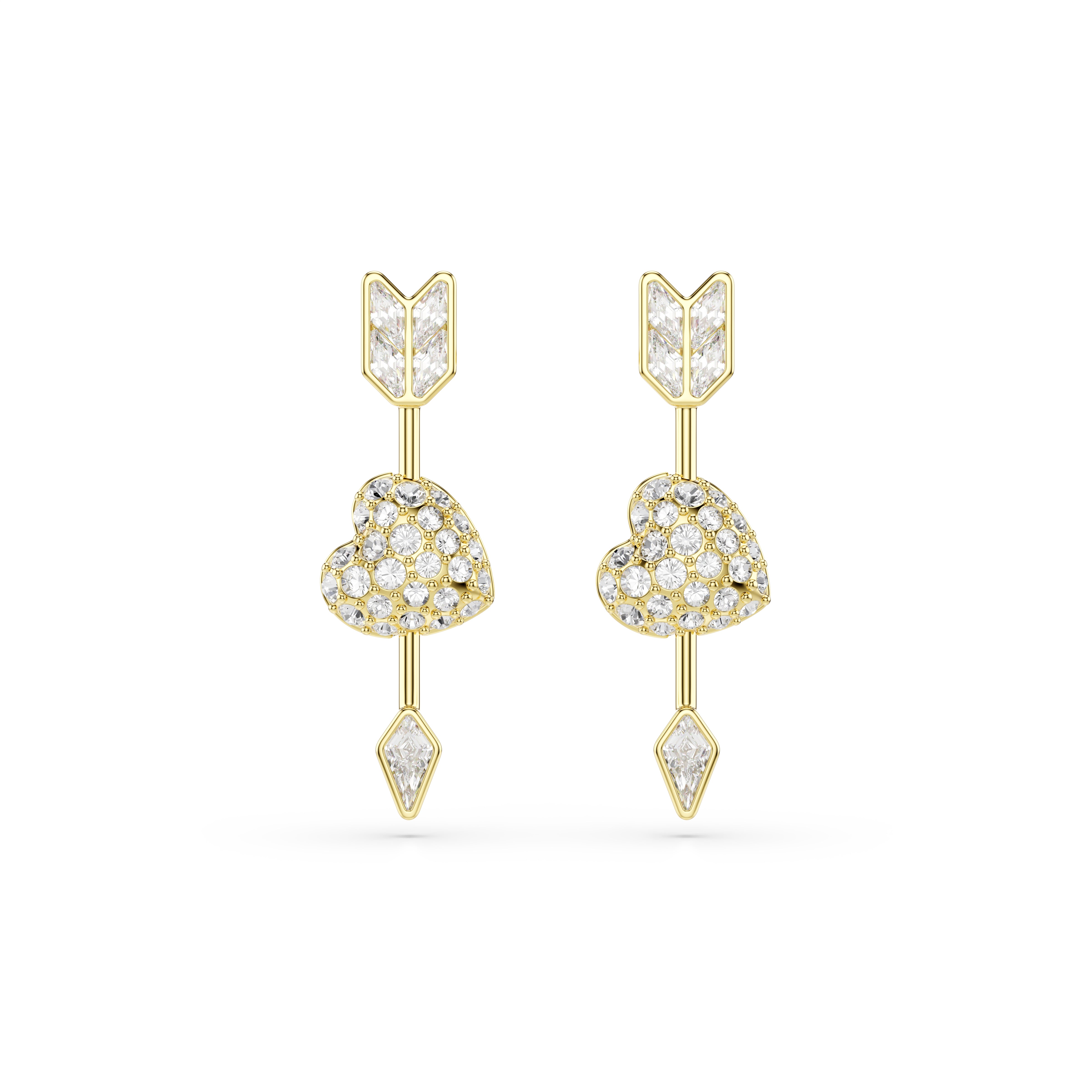 Swarovski Idyllia drop earrings – Mixed cuts, Heart with arrow, White, Gold-tone plated