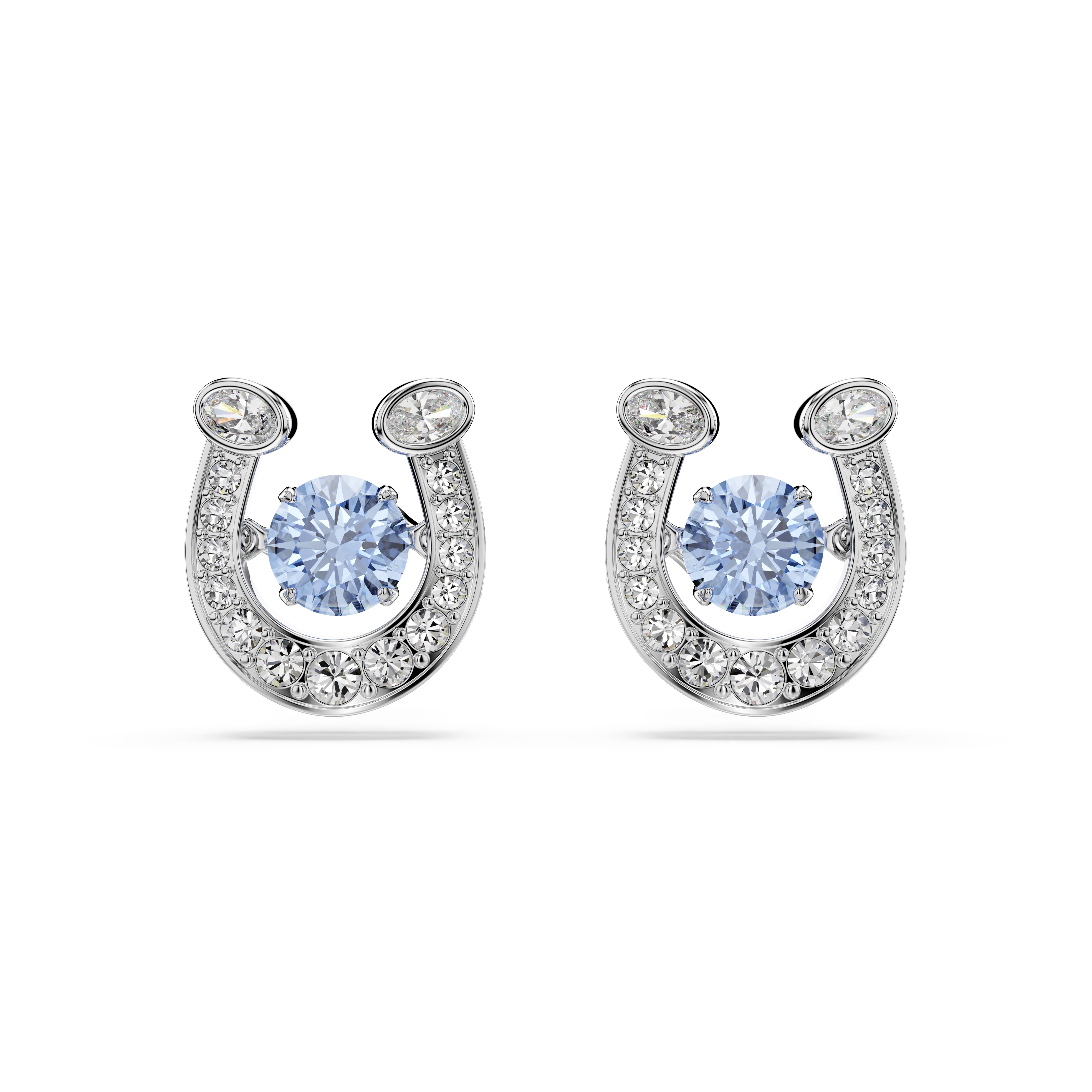 Swarovski Symbolica stud earrings – Round cut, Pavé, Horse shoe, Blue, Rhodium plated