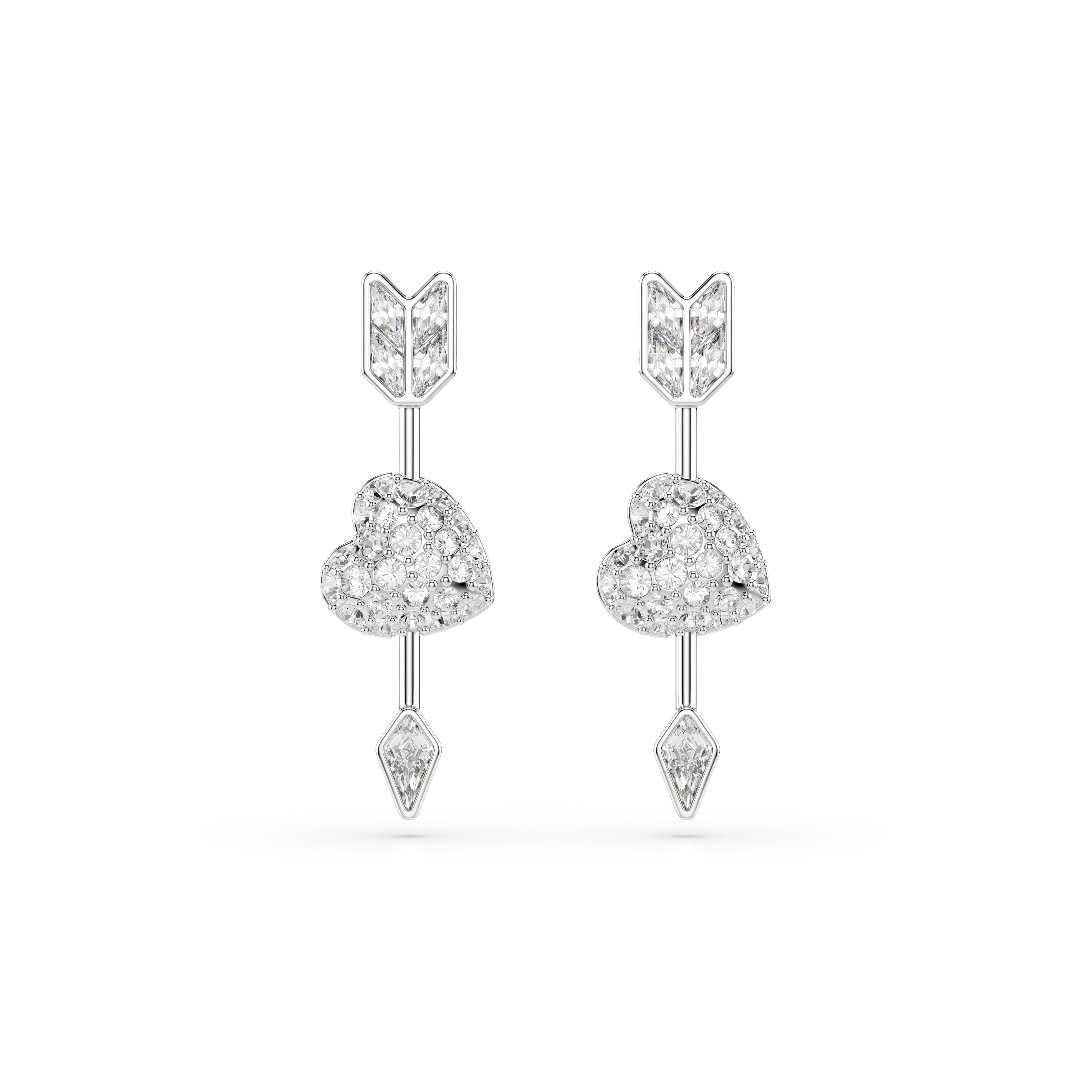 Swarovski Idyllia drop earrings – Mixed cuts, Heart with arrow, White, Rhodium plated
