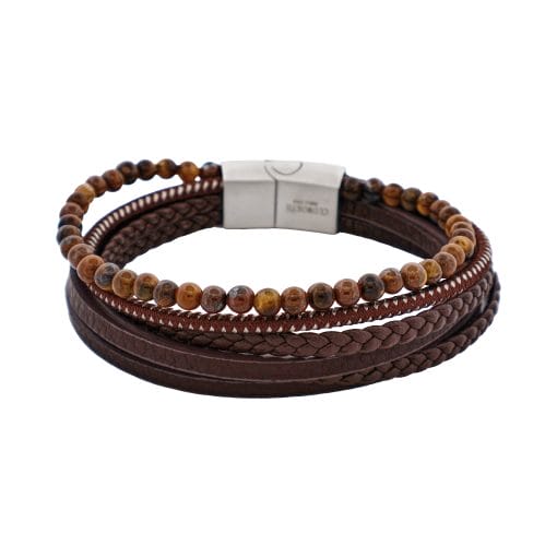 Cudworth BROWN LEATHER MULTI STRAND & TIGER EYE STAINLEStainless Steel STEELE BRACELET