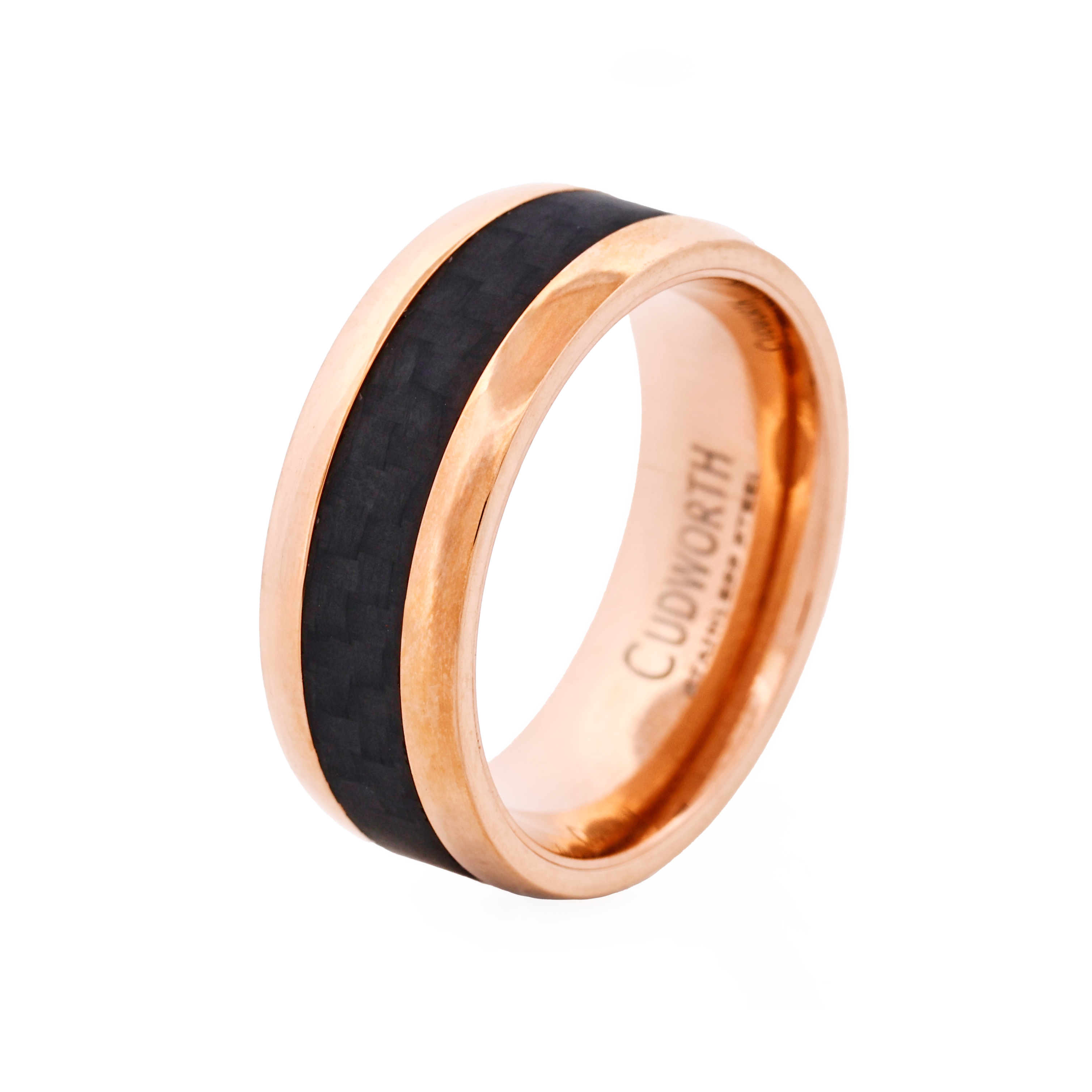 Cudworth Stainless Steel Ion Plated Rose Gold & Carbon Fibre Ring