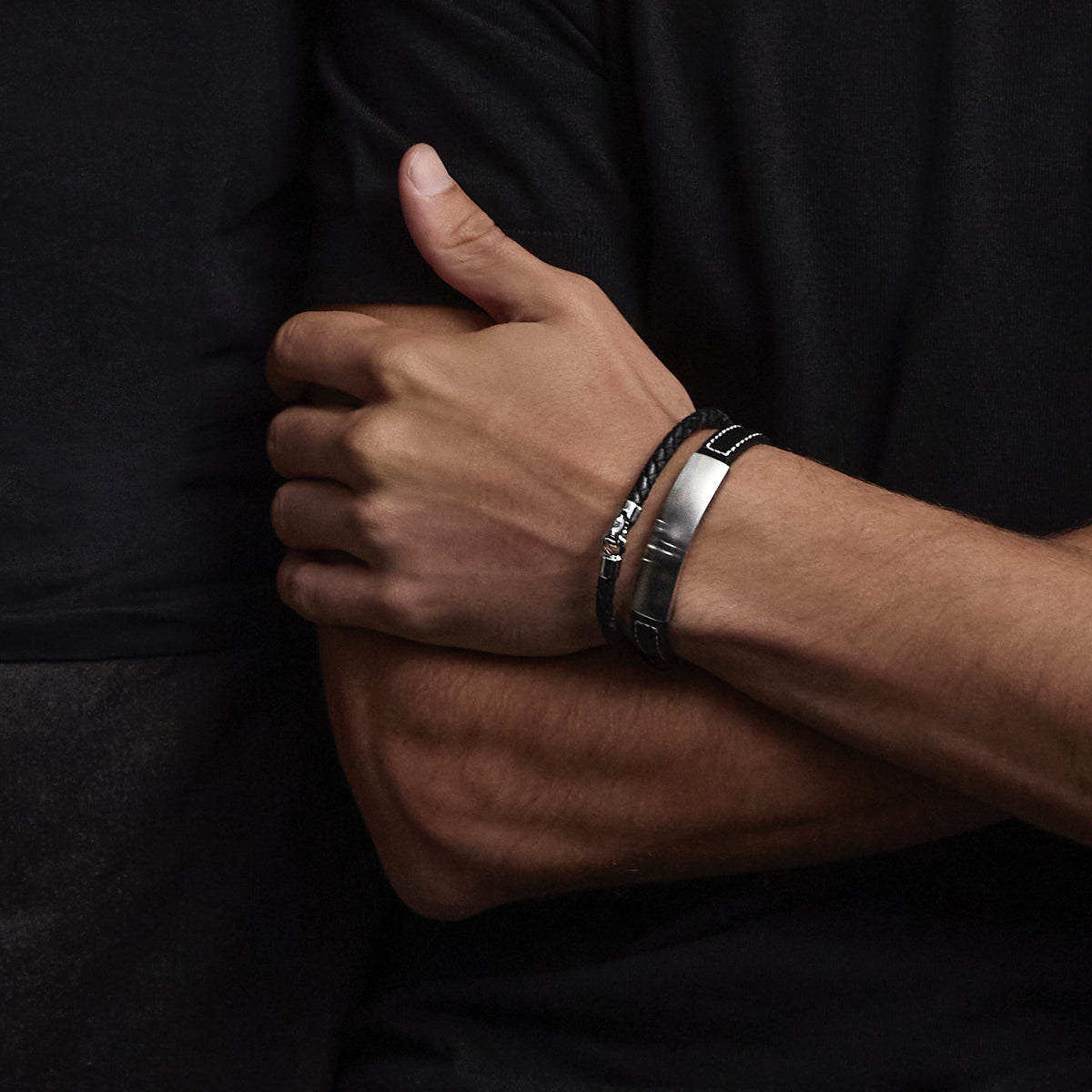 Najo Memento Men’s Leather Buckle Identity Bracelet - Black