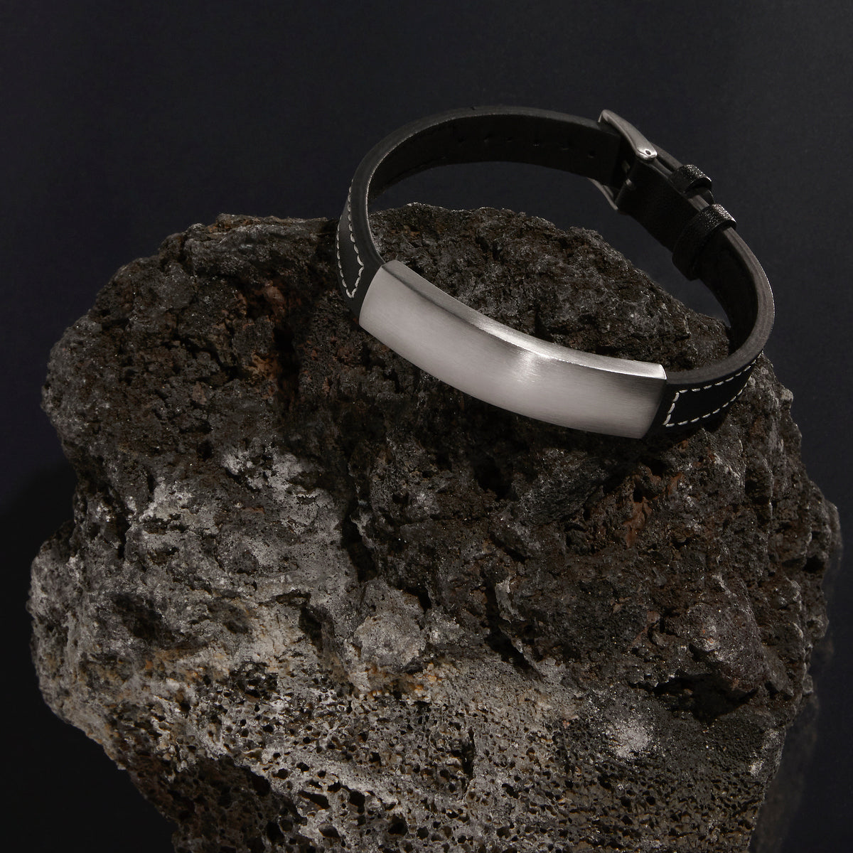 Najo Memento Men’s Leather Buckle Identity Bracelet - Black